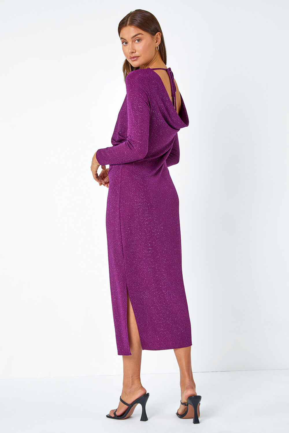 Purple Glitter Cowl Back Stretch Ruched Midi Dress, Image 1 of 5