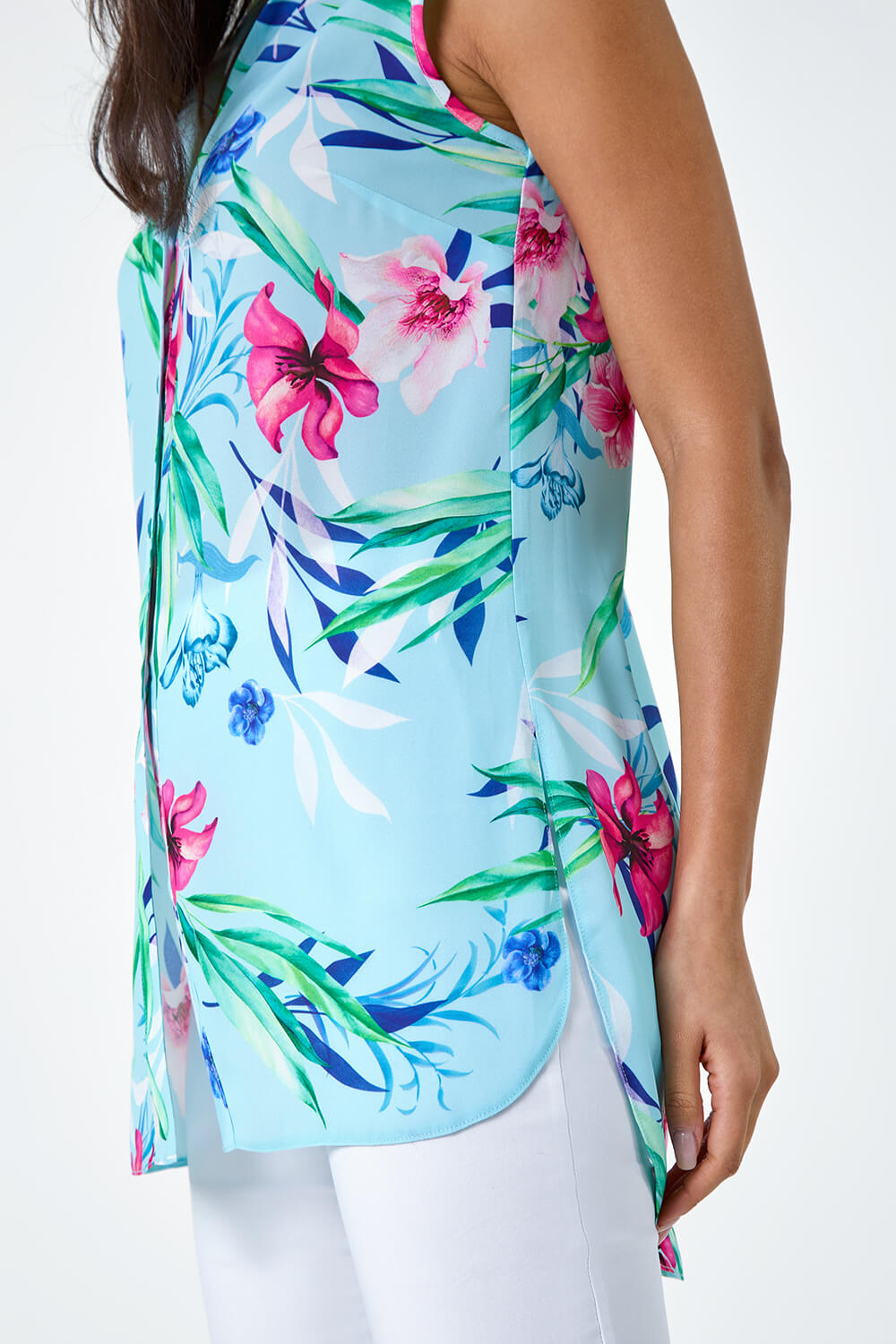Blue Tropical Floral Sleeveless Button Blouse, Image 5 of 5