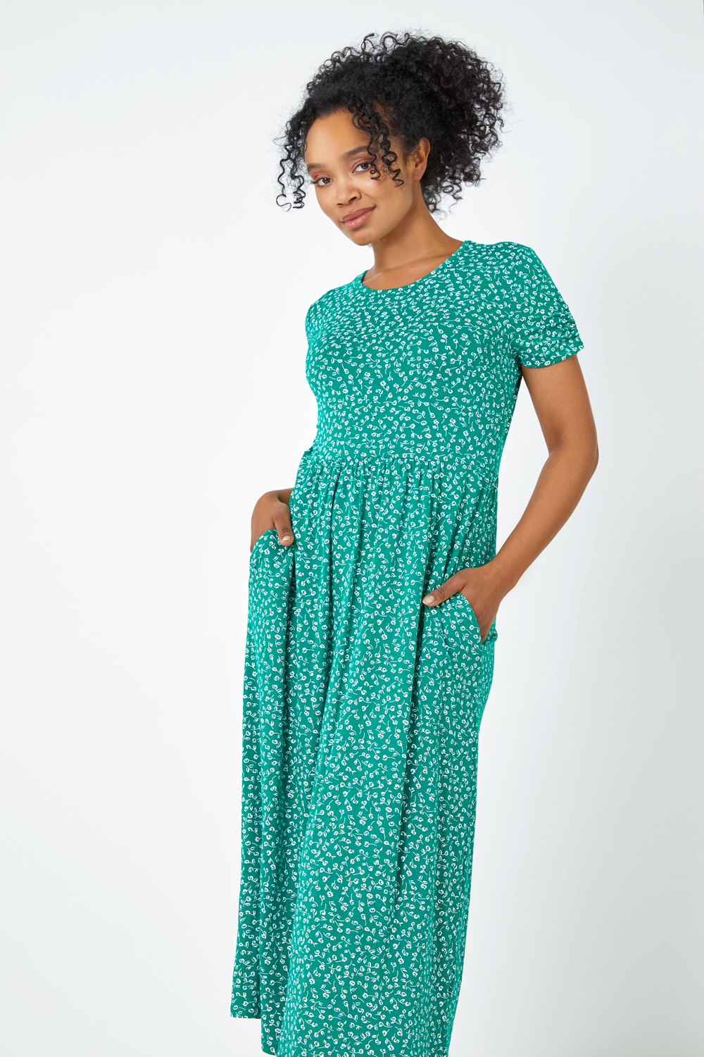 Petite Floral Print Midi Dress in Green - Roman Originals UK