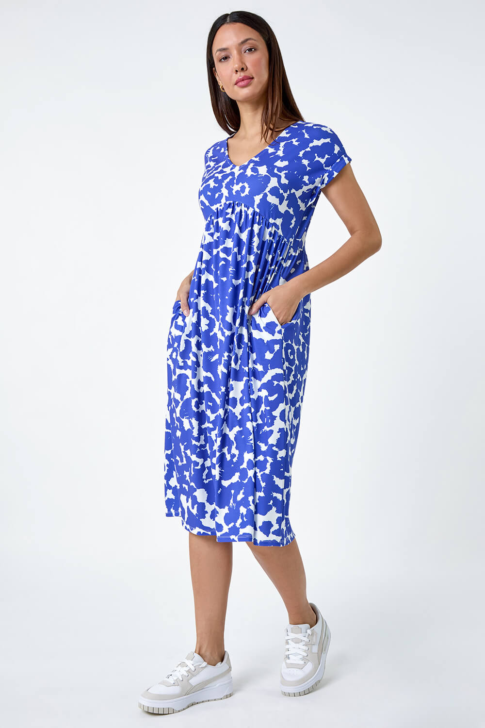 Blue Abstract Print Stretch Pocket T-Shirt Dress, Image 2 of 5