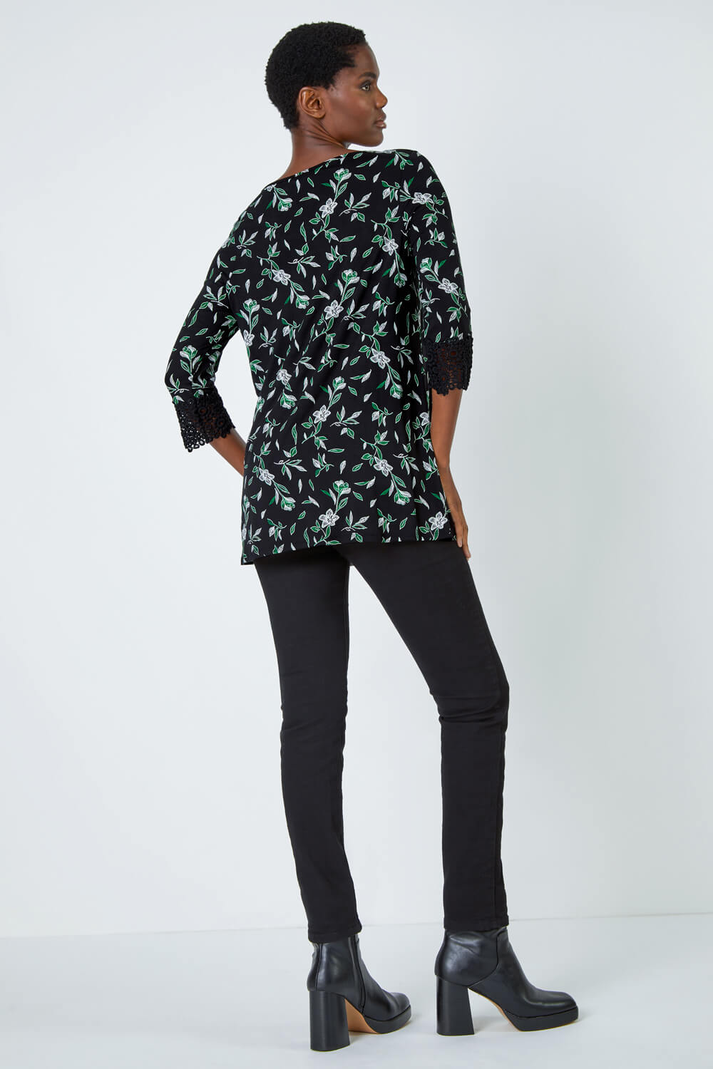 Green Floral Print Lace Detail Stretch Top, Image 3 of 5