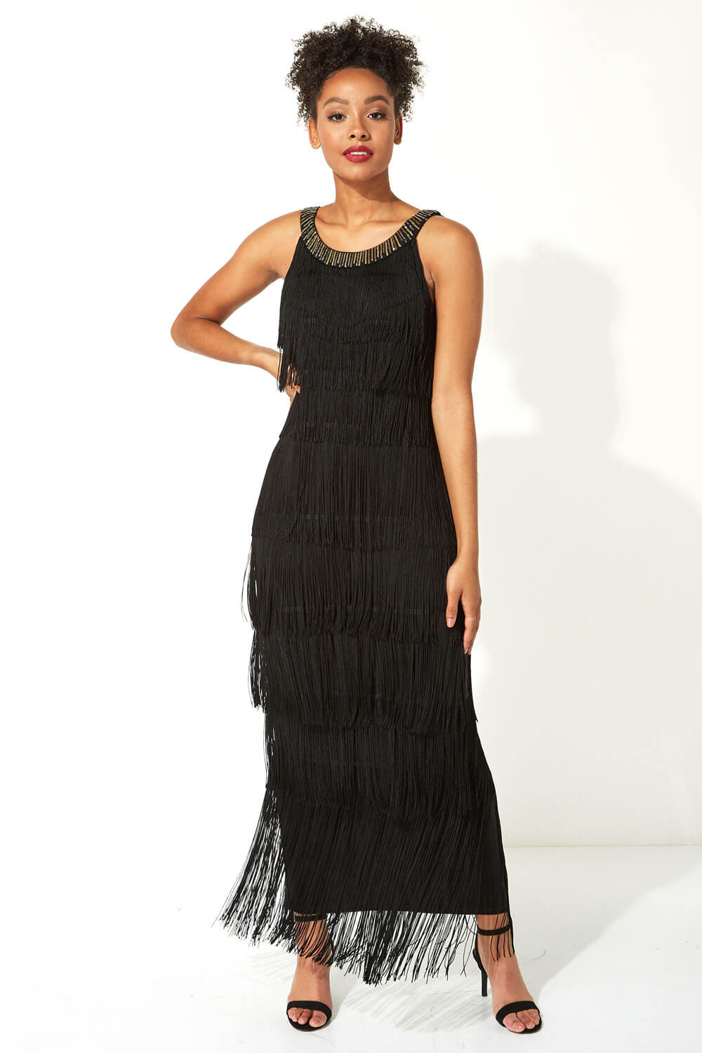 Black Sequin Neckband Fringe Maxi Dress, Image 2 of 4