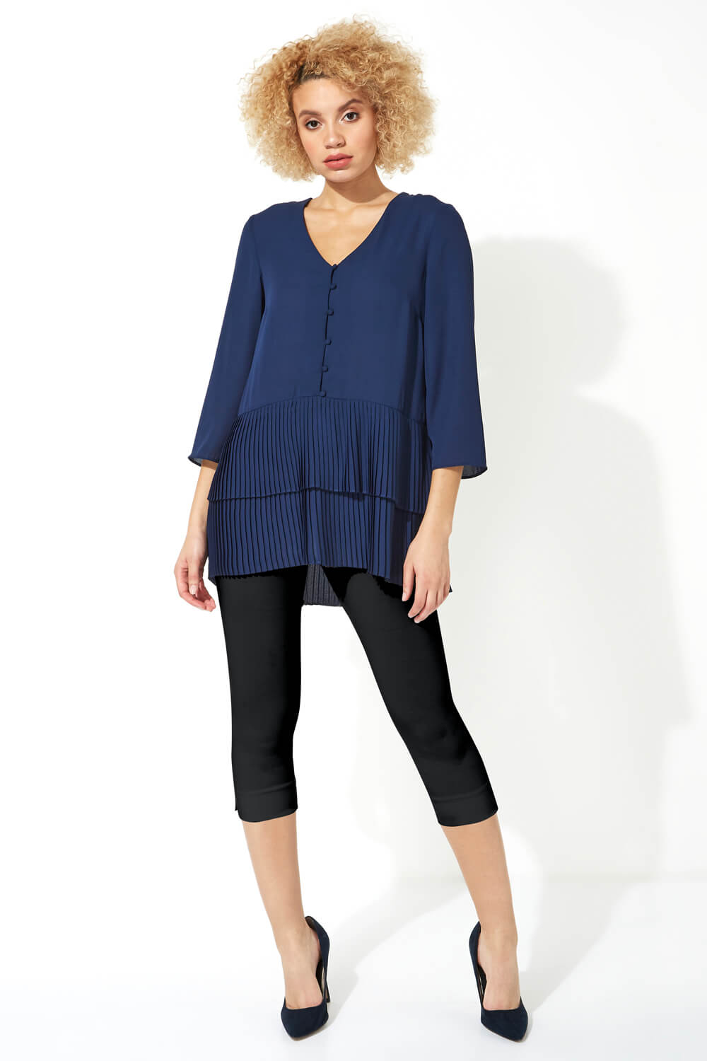 Navy  3/4 Sleeve Pleated Button Front Top, Image 2 of 4