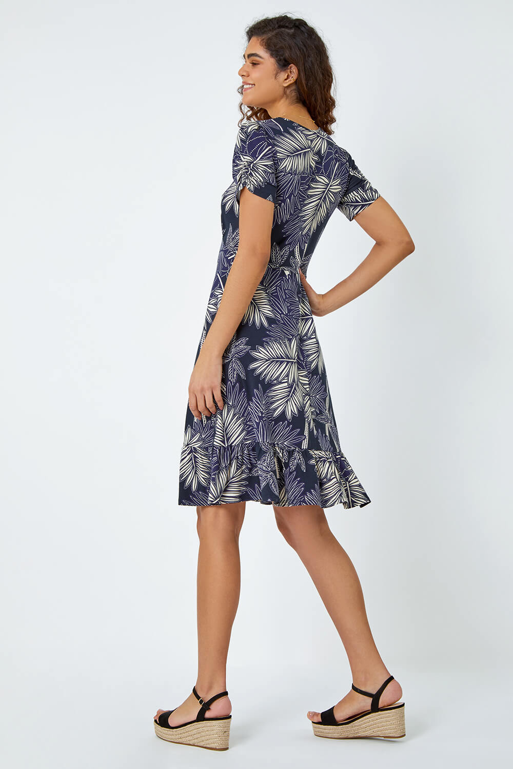 Navy  Tropical Leaf Stretch Frill Dress, Image 3 of 5