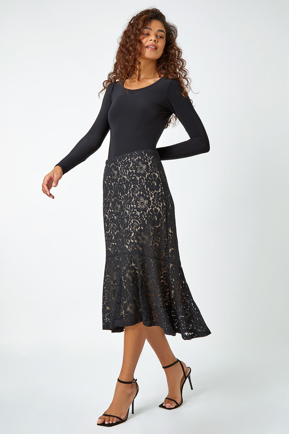 Black Cotton Blend Lace Stretch Skirt , Image 2 of 5