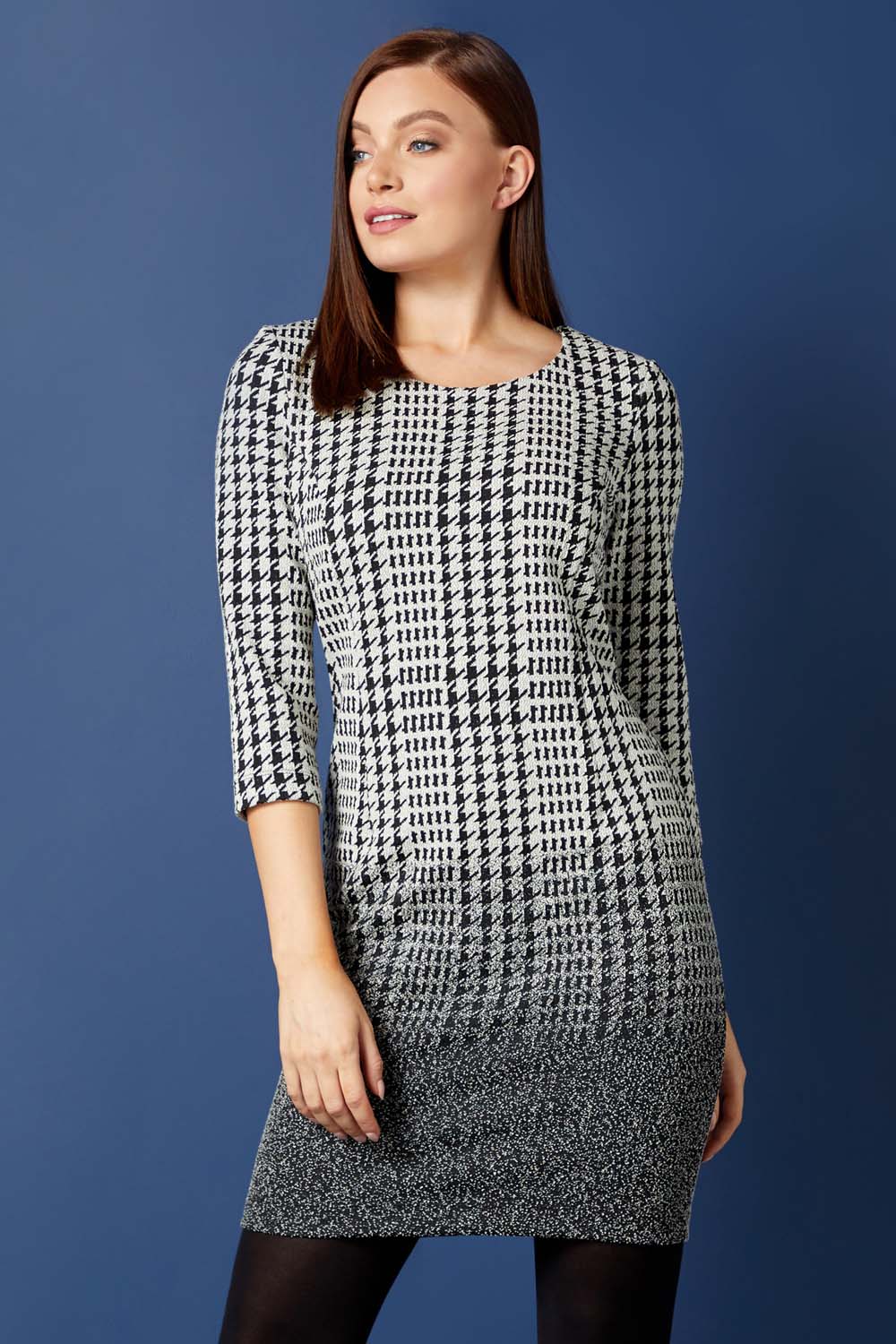 Dogtooth Check Ombre Textured Shift Dress in Black - Roman Originals UK