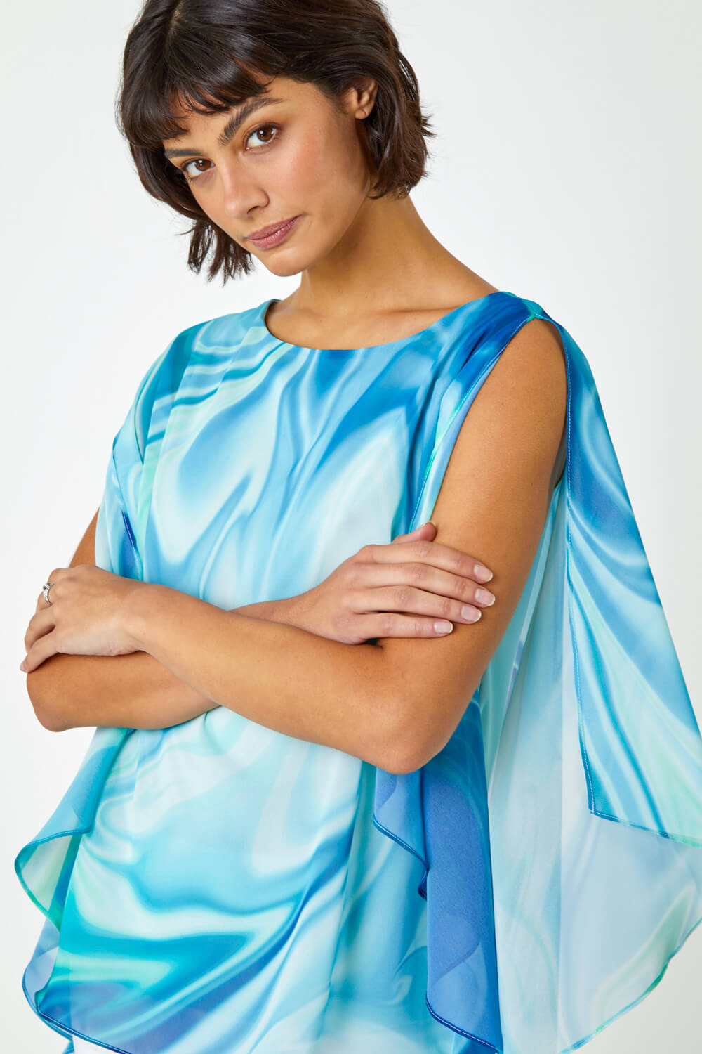 Blue Marble Print Asymmetric Overlay Top, Image 4 of 5