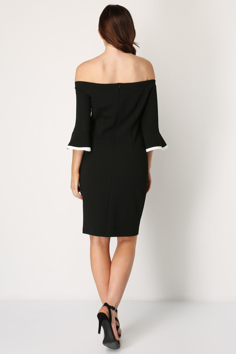 Black Bardot Contrast Trim Flute Sleeve Dress, Image 3 of 5