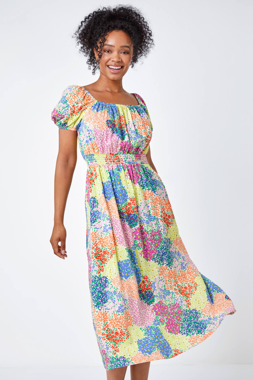 Multi  Petite Ditsy Floral Shirred Midi Dress, Image 4 of 5