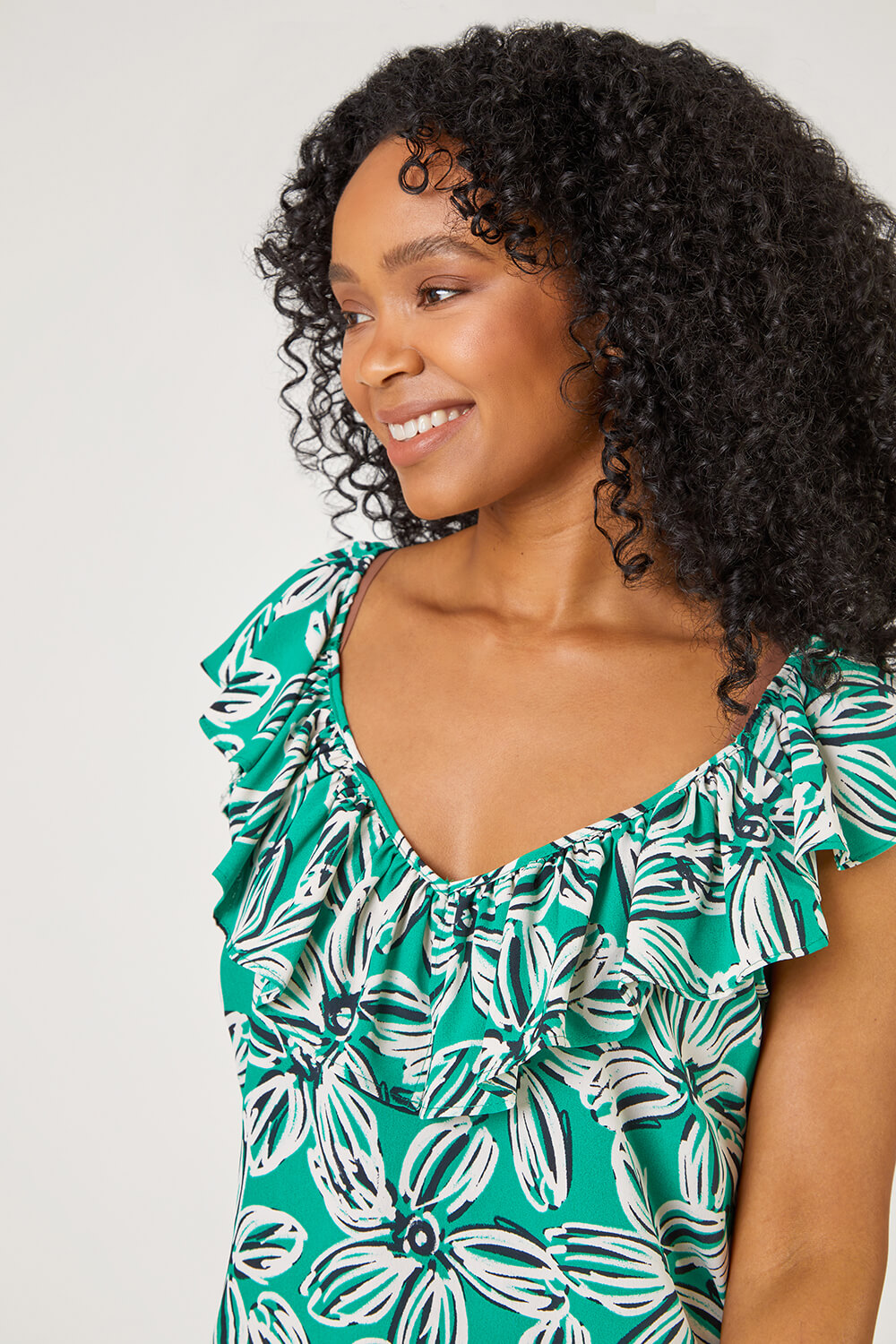 Green Petite Floral Print Frill Detail Top, Image 4 of 5