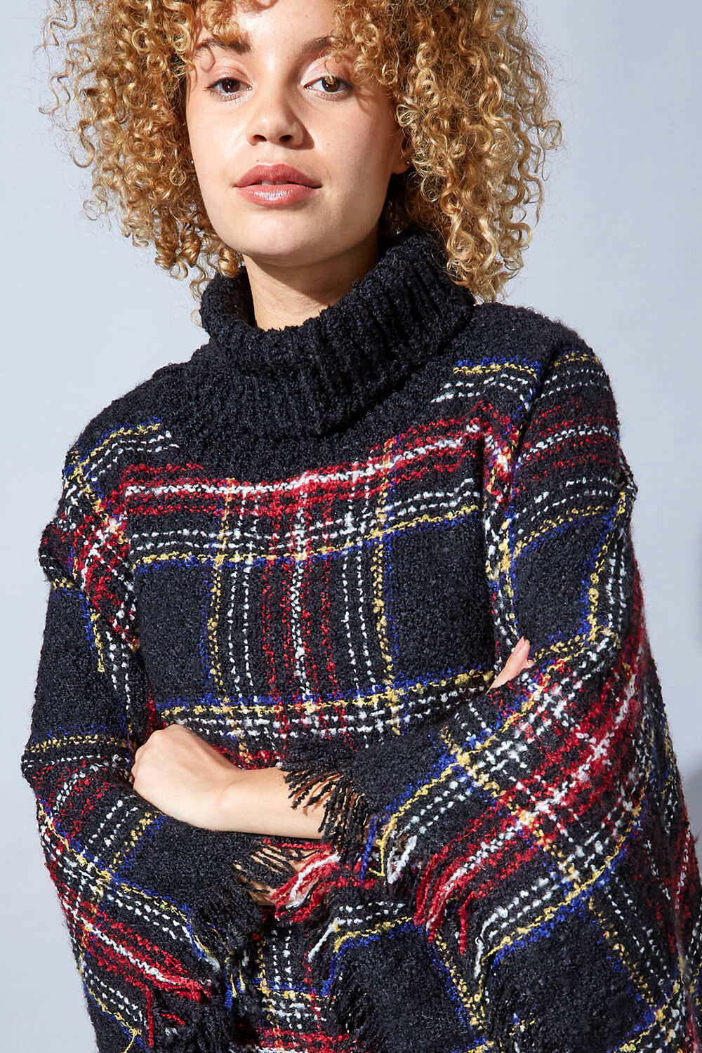 Multi  One Size Tartan Knitted Poncho, Image 4 of 4