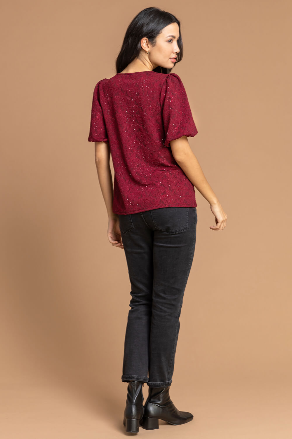 Red Floral Jacquard Puff Sleeve Top, Image 2 of 5