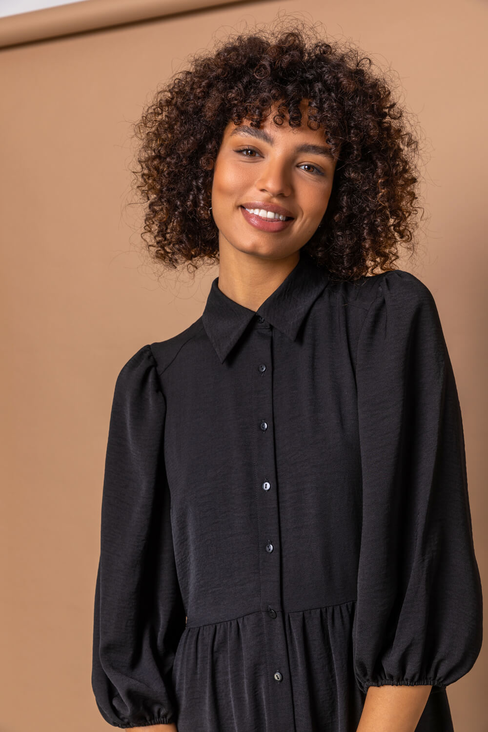 Black Tiered Midi Length Shirt Dress, Image 4 of 5