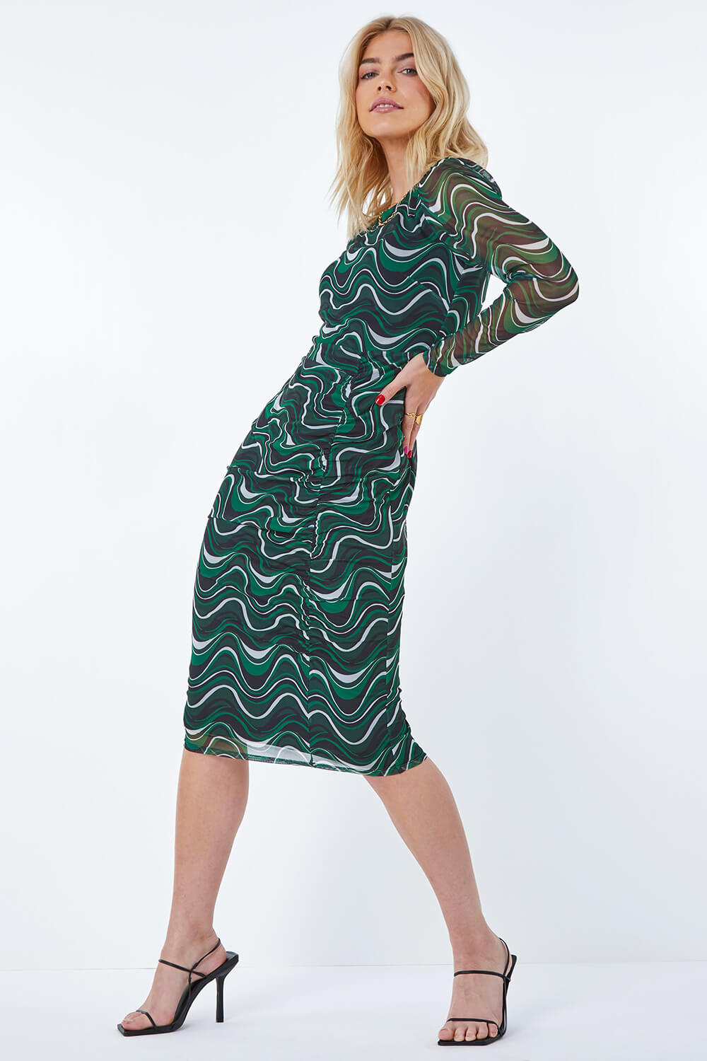 Green Abstract Ruched Side Midi Dress, Image 2 of 5