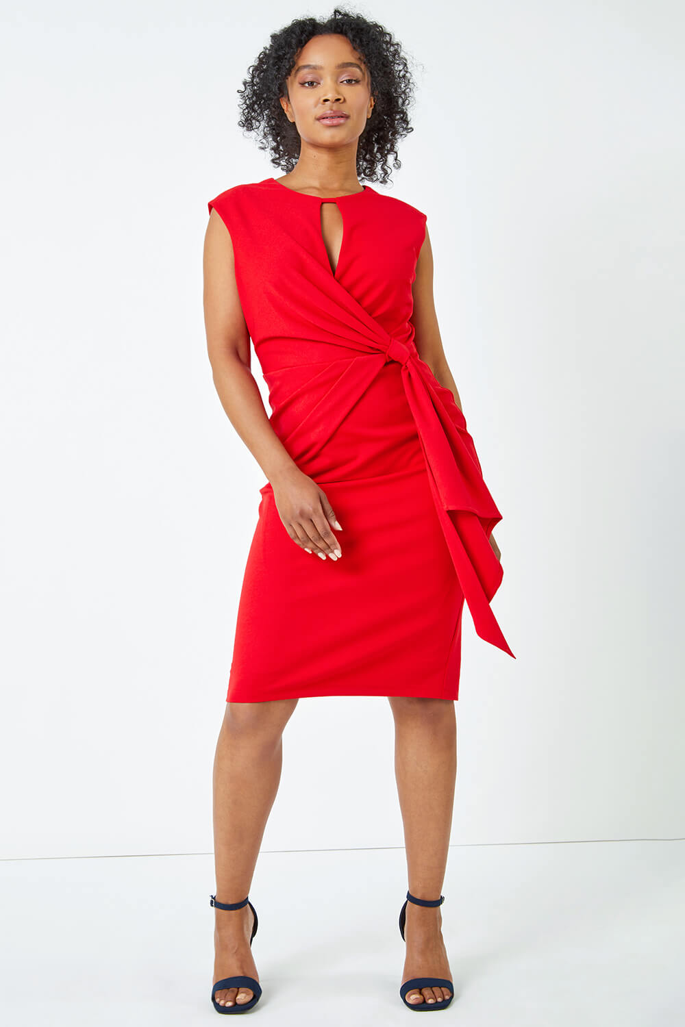 Red Petite Sleeveless Side Twist Ruched Dress, Image 4 of 5