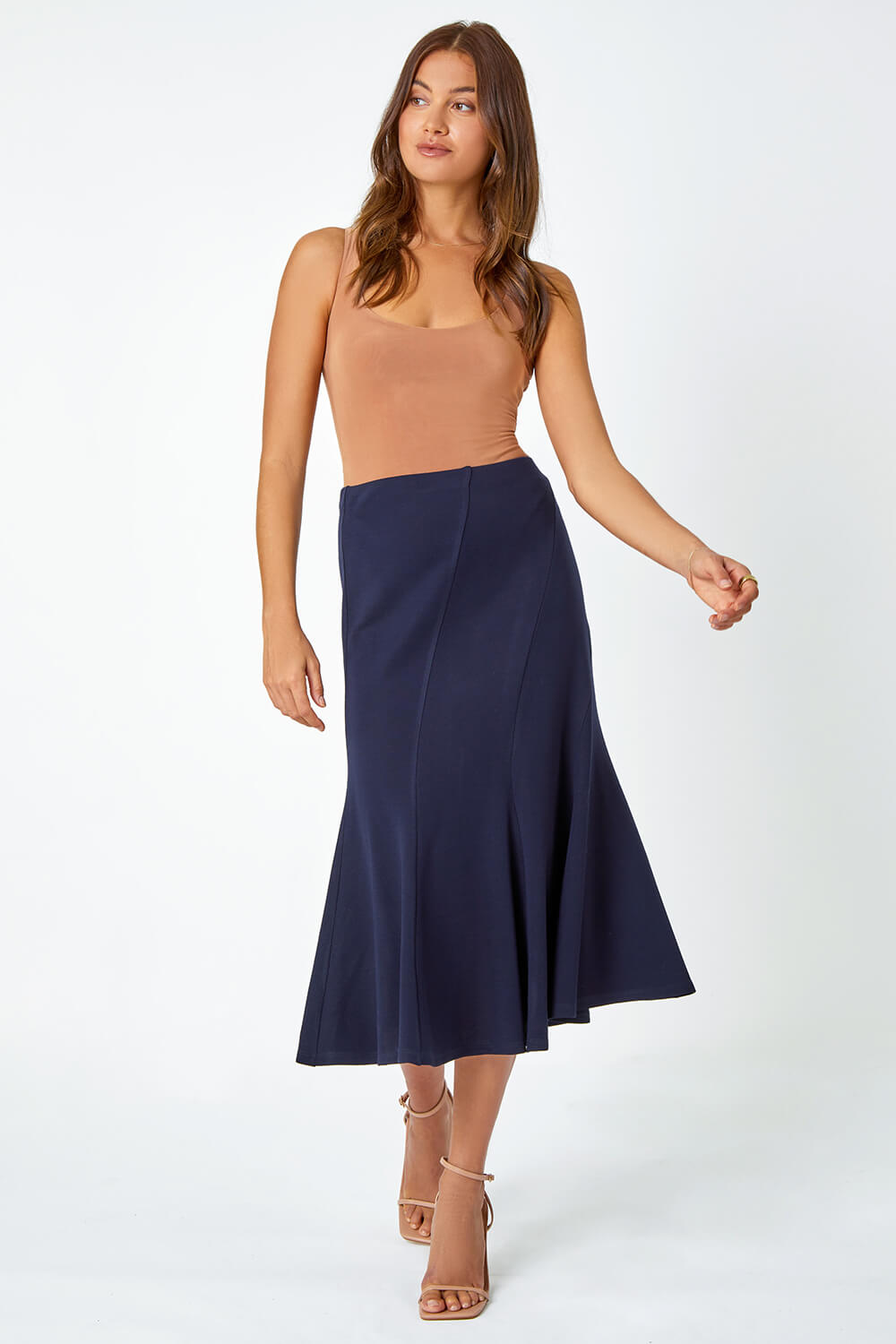 Midnight Blue Panelled Flared Midi Stretch Skirt , Image 2 of 5