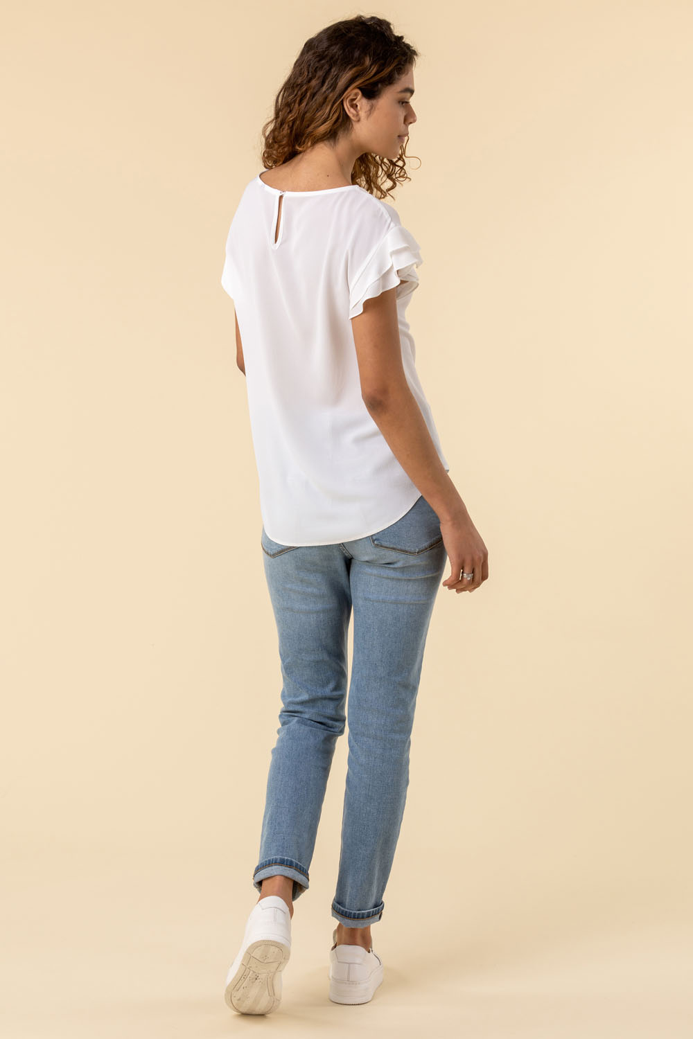 Ivory  Ruffle Detail Short Sleeve Top, Image 2 of 4