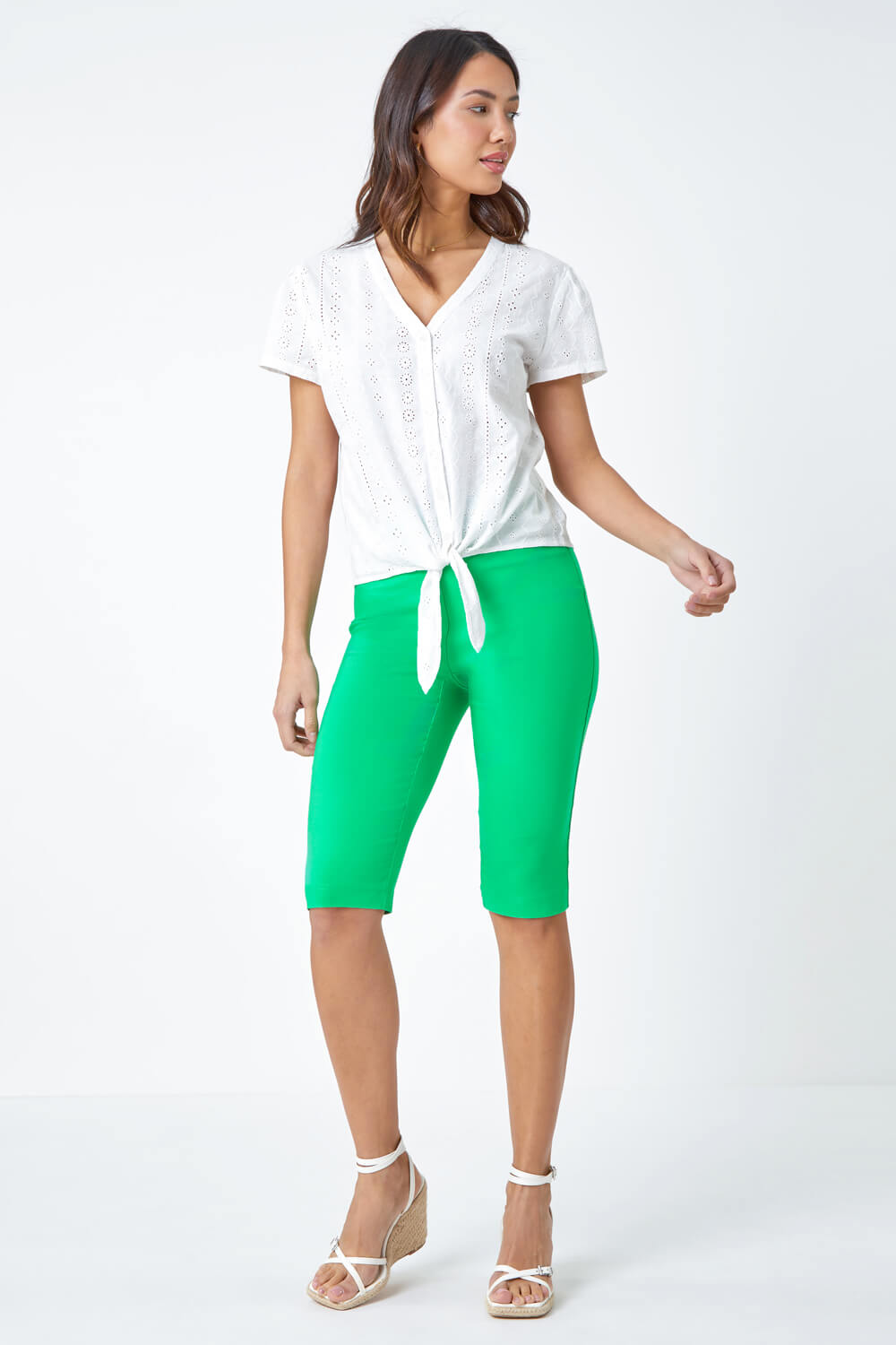 Pale Green Knee Length Stretch Shorts, Image 2 of 5