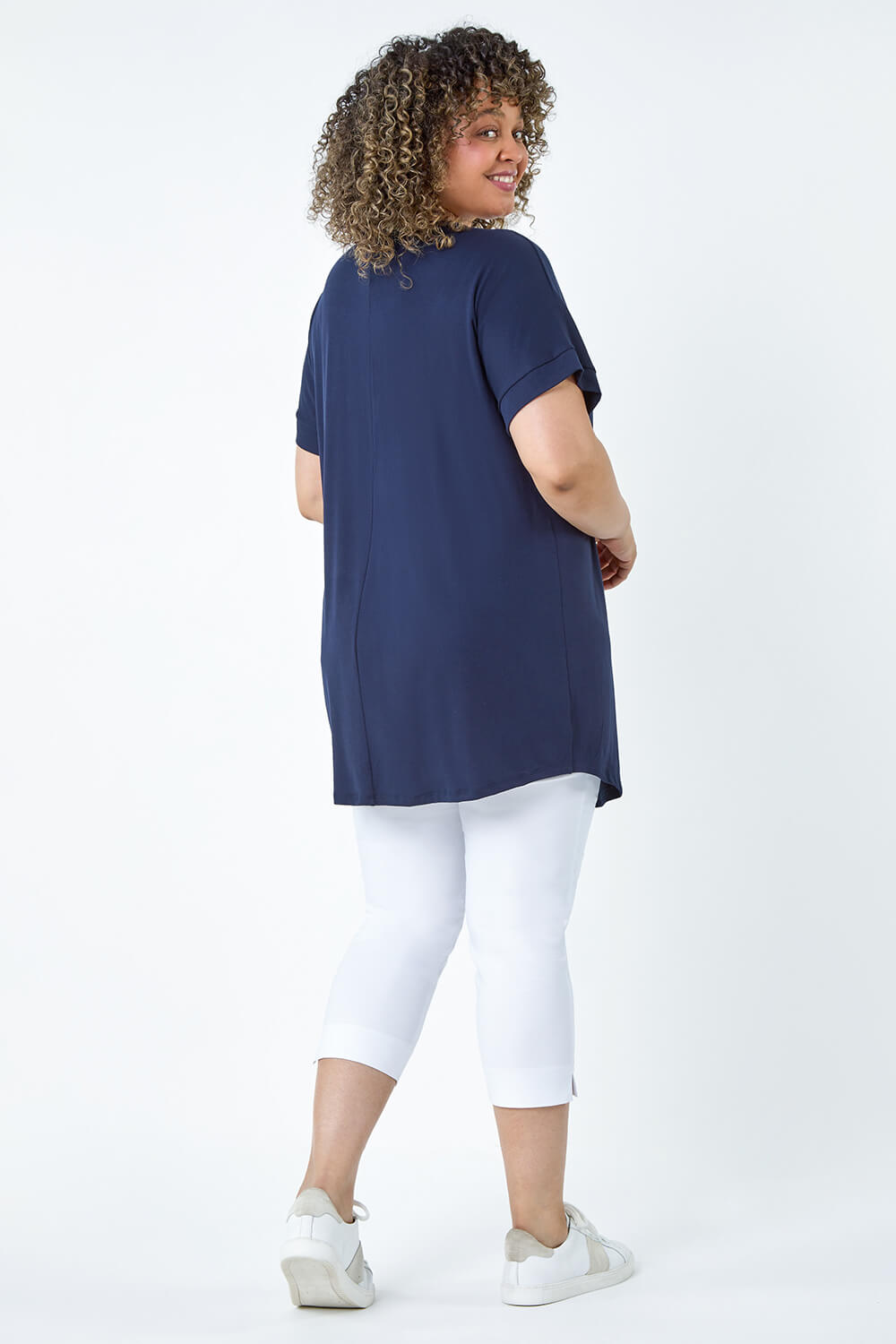 Navy  Curve Plain Pleat Front Stretch Top, Image 3 of 5