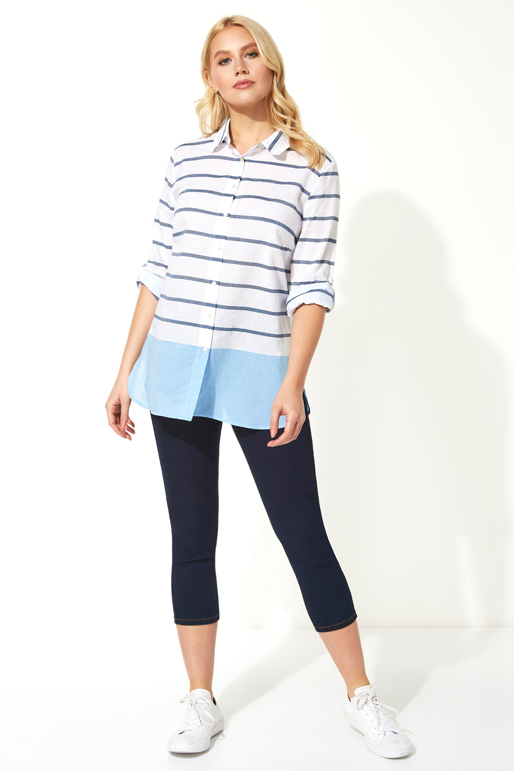 Blue Stripe Colour Block Roll Sleeve Shirt, Image 2 of 5