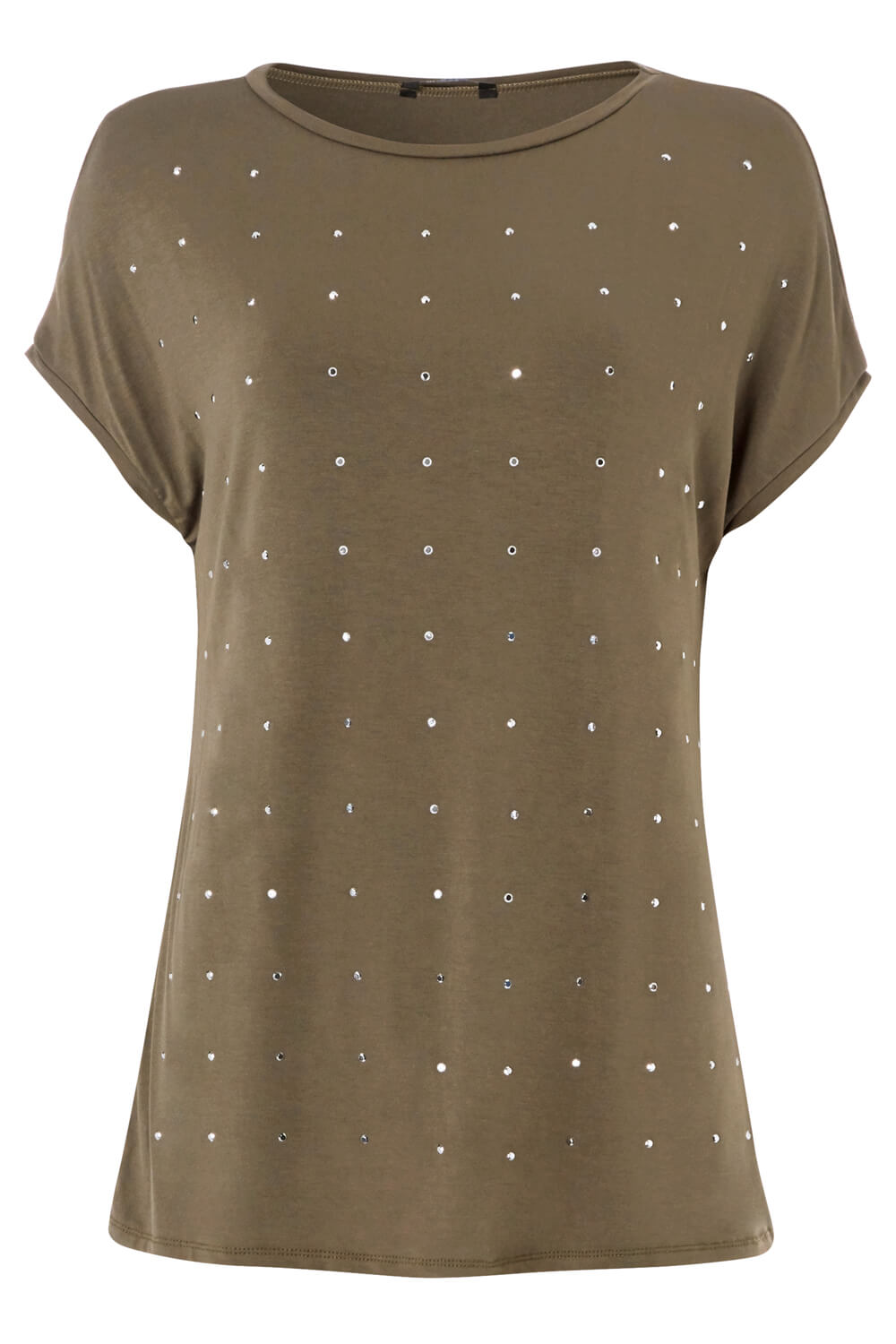 Stud Embellished T-Shirt Top in Khaki - Roman Originals UK