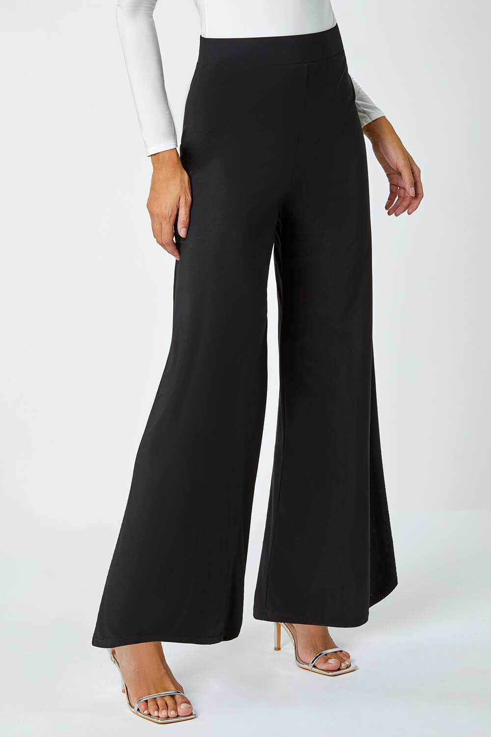 Black Wide Leg Stretch Trousers, Image 4 of 6