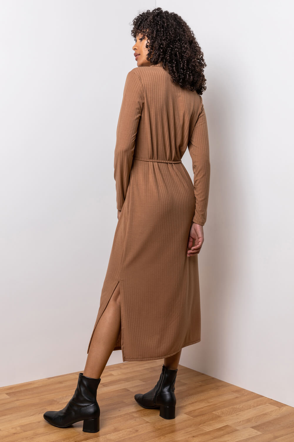 Camel  Ribbed Detail Belted Shirt Dress, Image 2 of 5