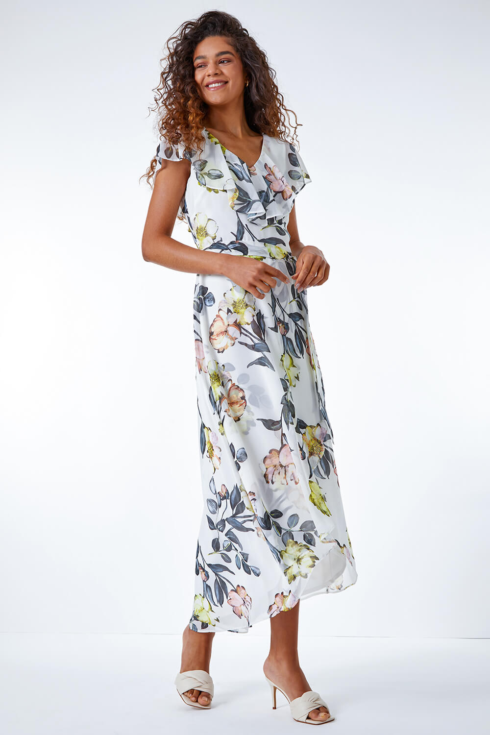 Ivory  Floral Print Frill Cape Wrap Dress, Image 4 of 5