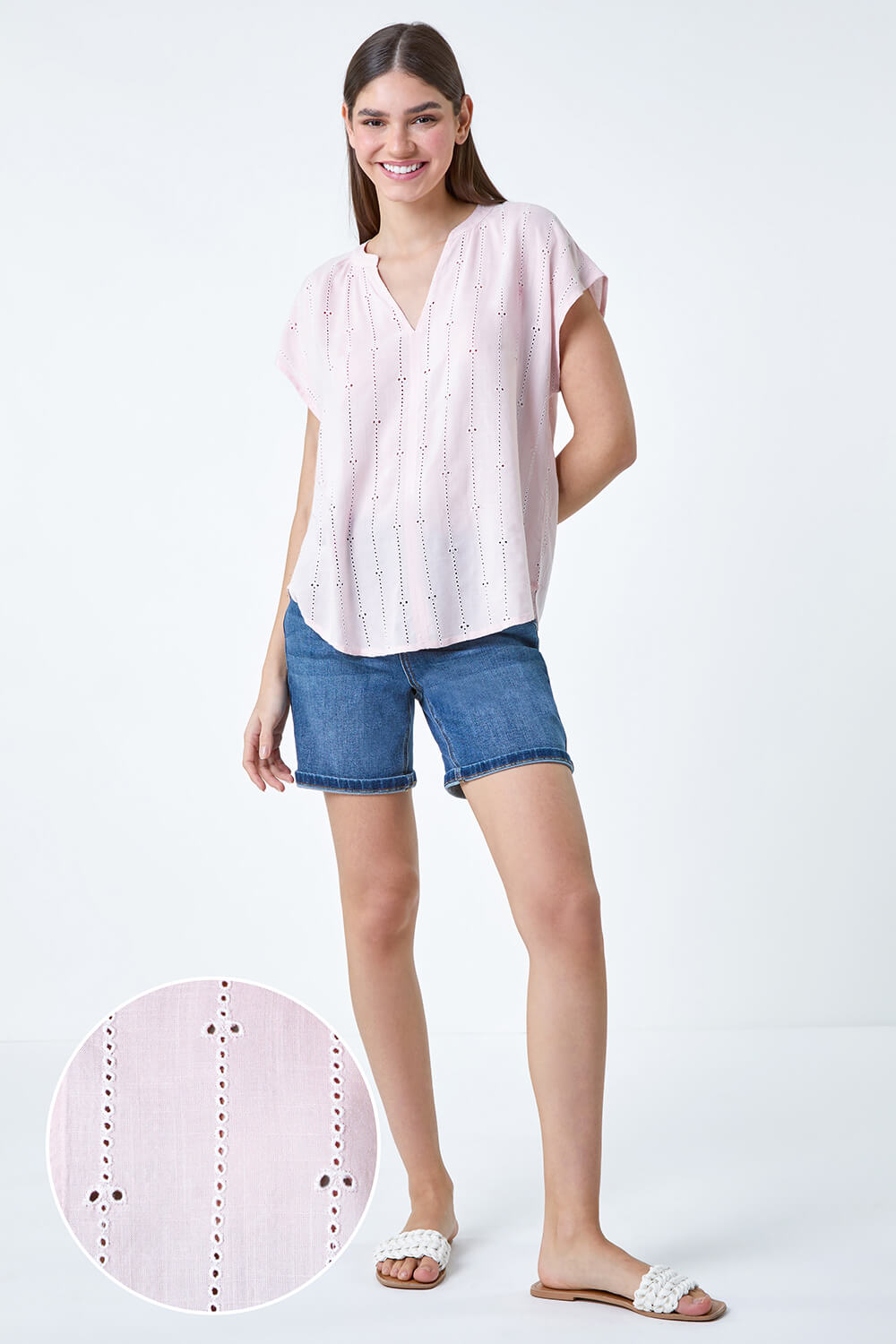 Light Pink Embroidered Stripe Notch Neck Top, Image 2 of 5