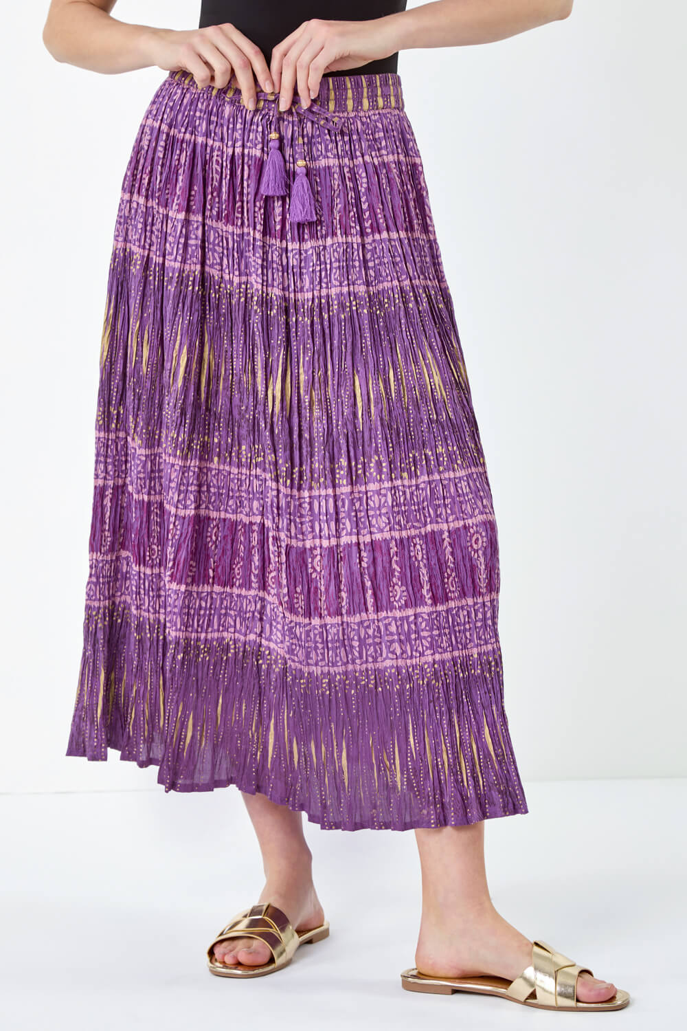 Purple Crinkle Cotton Metallic Foil A Line Midi Skirt, Image 4 of 7