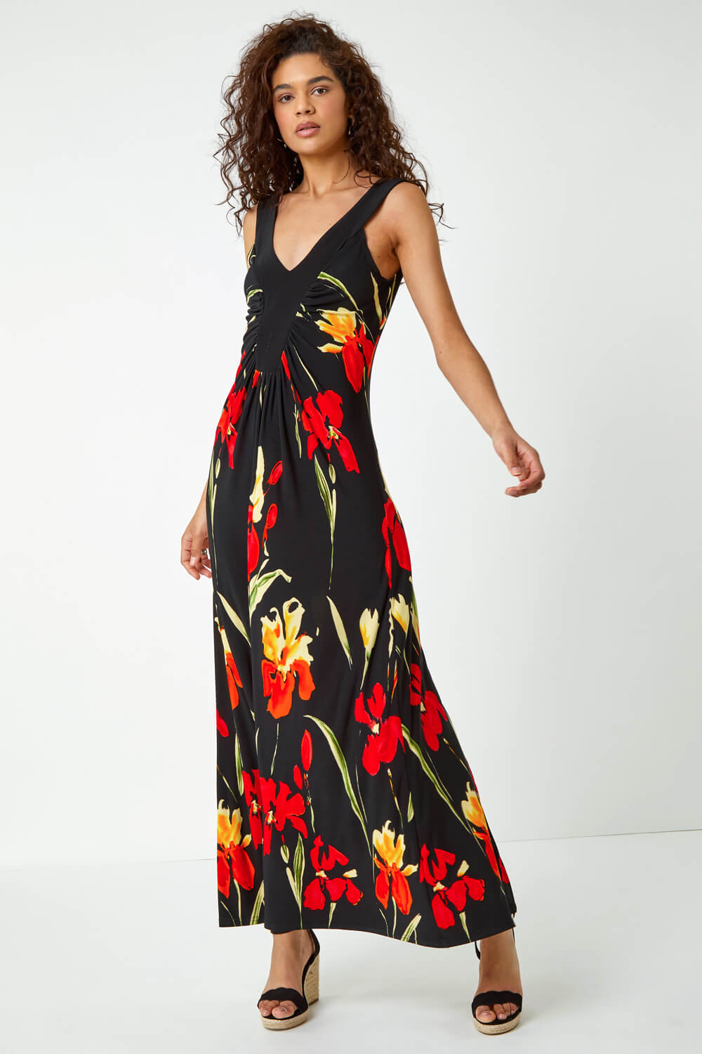 Floral Stretch Jersey Maxi Dress in Black - Roman Originals UK