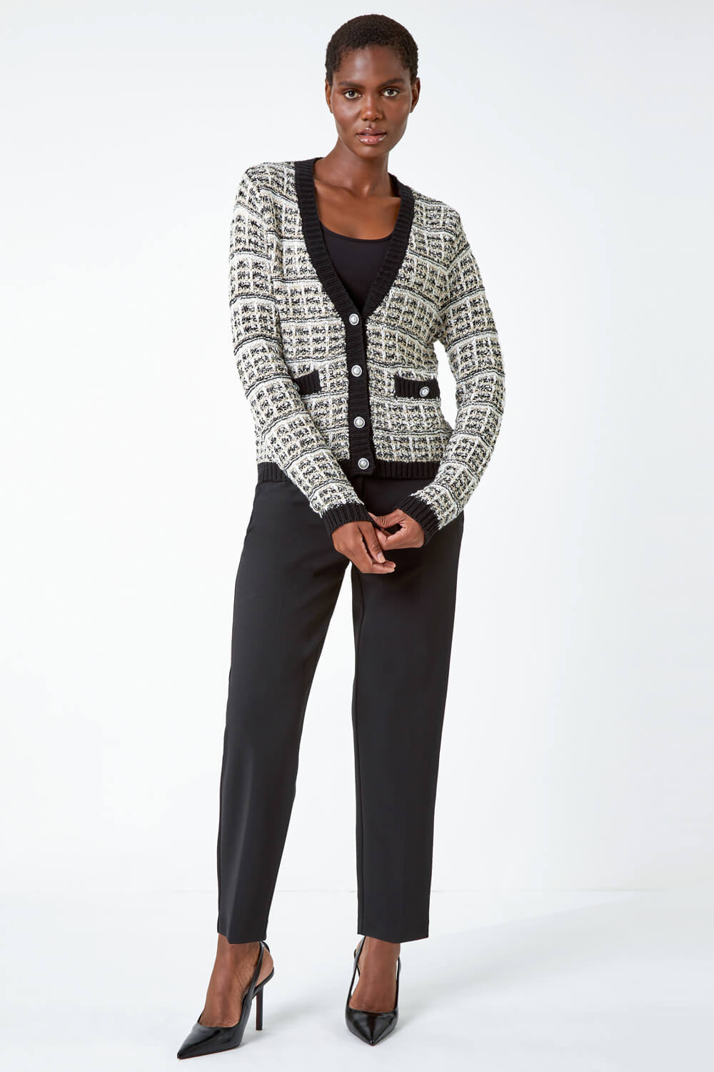 Ivory  Cotton Blend Boucle Button Cardigan , Image 2 of 5