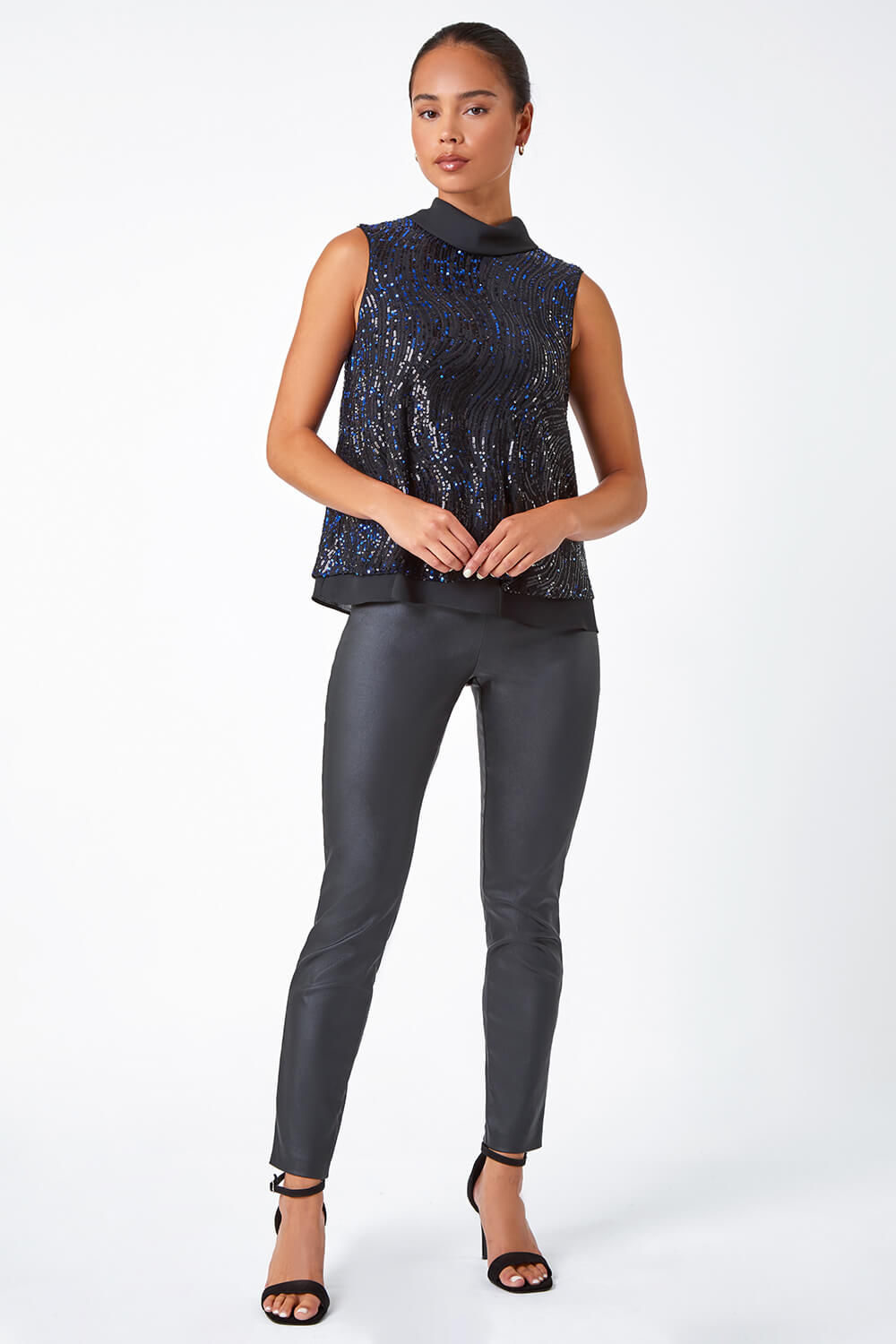 Midnight Blue Petite Sequin Roll Neck Top, Image 2 of 5
