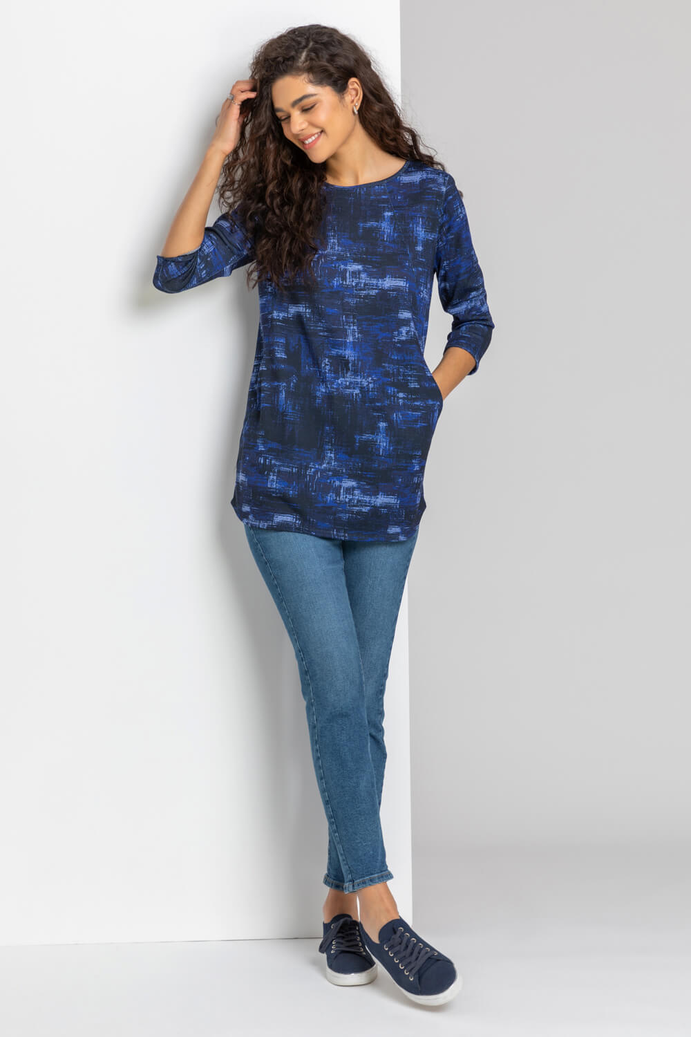 Midnight Blue Abstract Print Pocket Tunic Top, Image 3 of 5