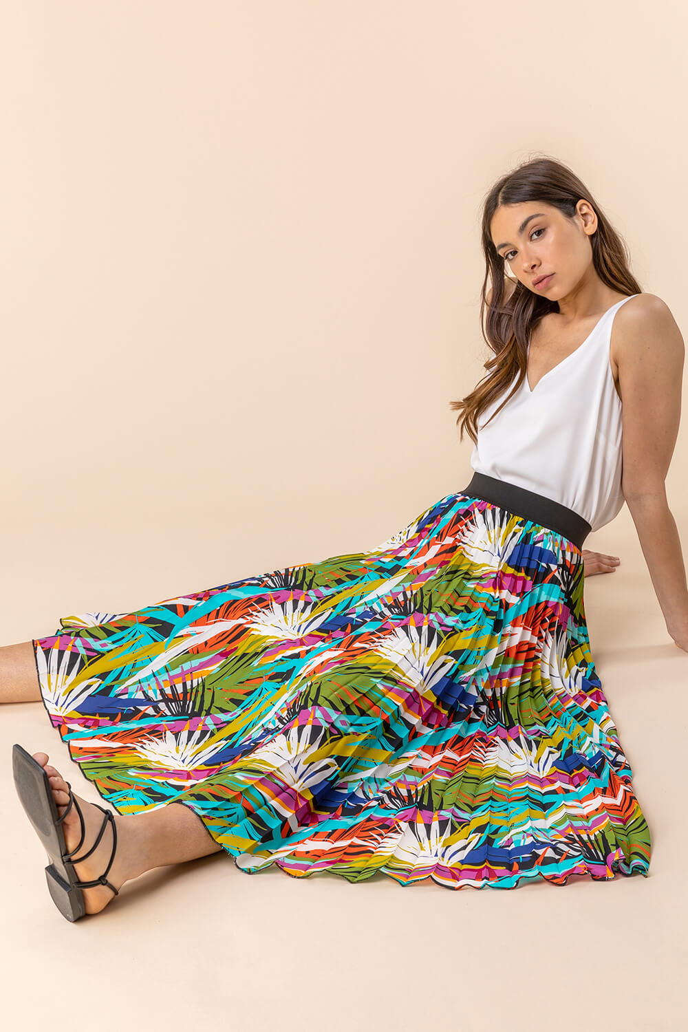 Multi  Tropical Leaf Print Pleated Maxi Skirt, Image 4 of 4
