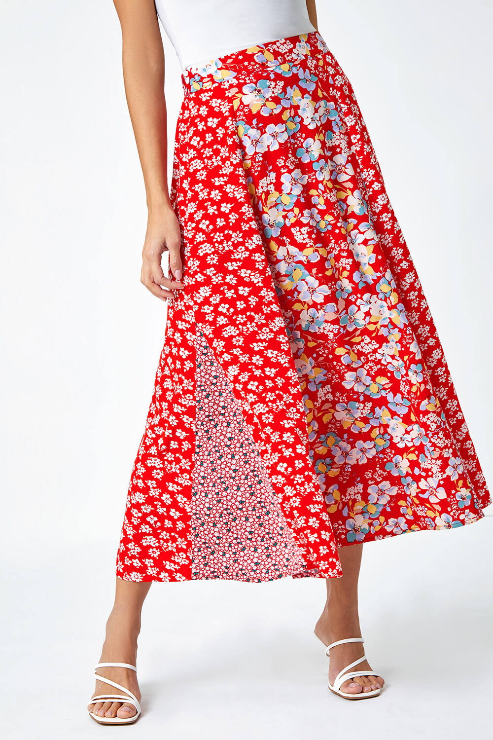 Red Ditsy Floral Print Midi Skirt, Image 4 of 5