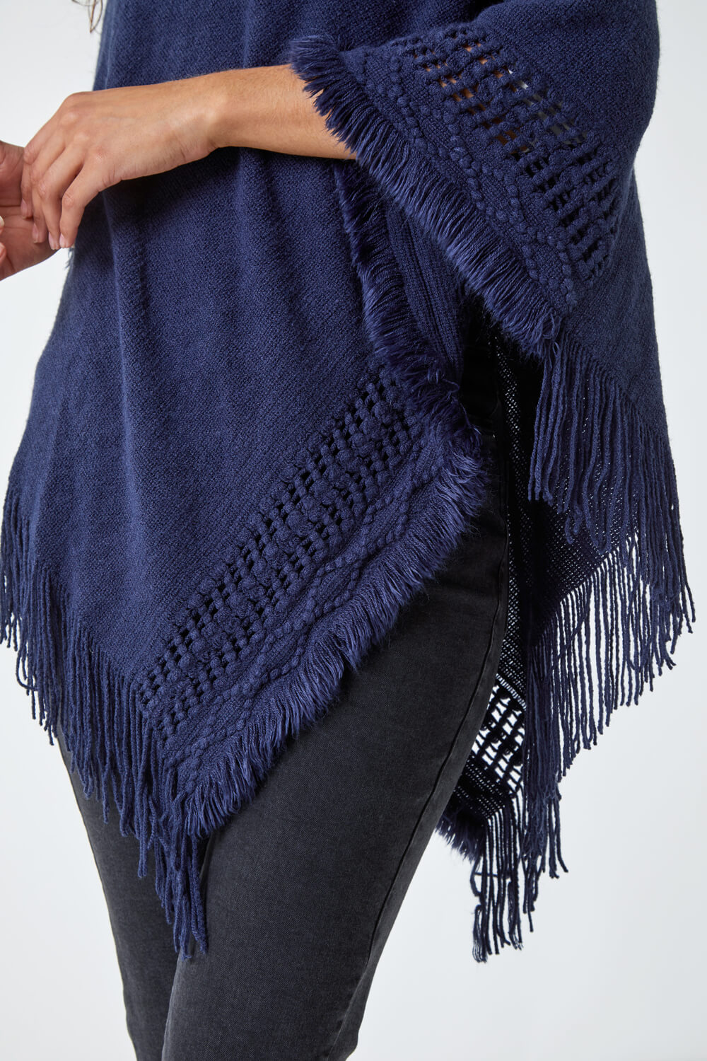 Midnight Blue One Size Hooded Fringed Knit Poncho , Image 5 of 5
