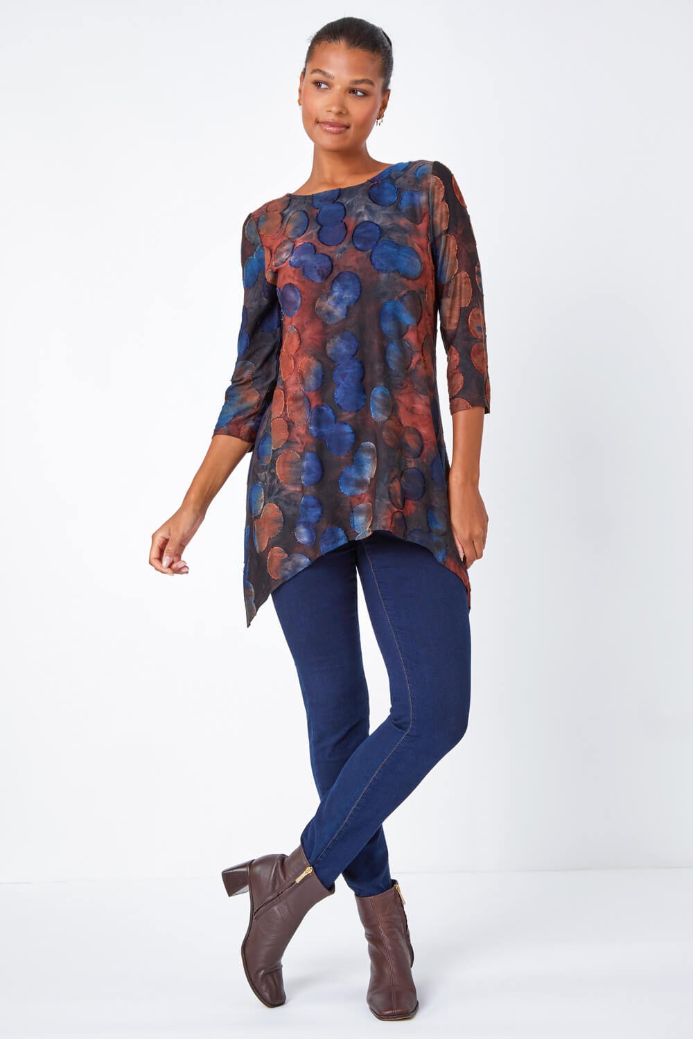 Red Cotton Blend Spot Print Stretch Top, Image 5 of 5