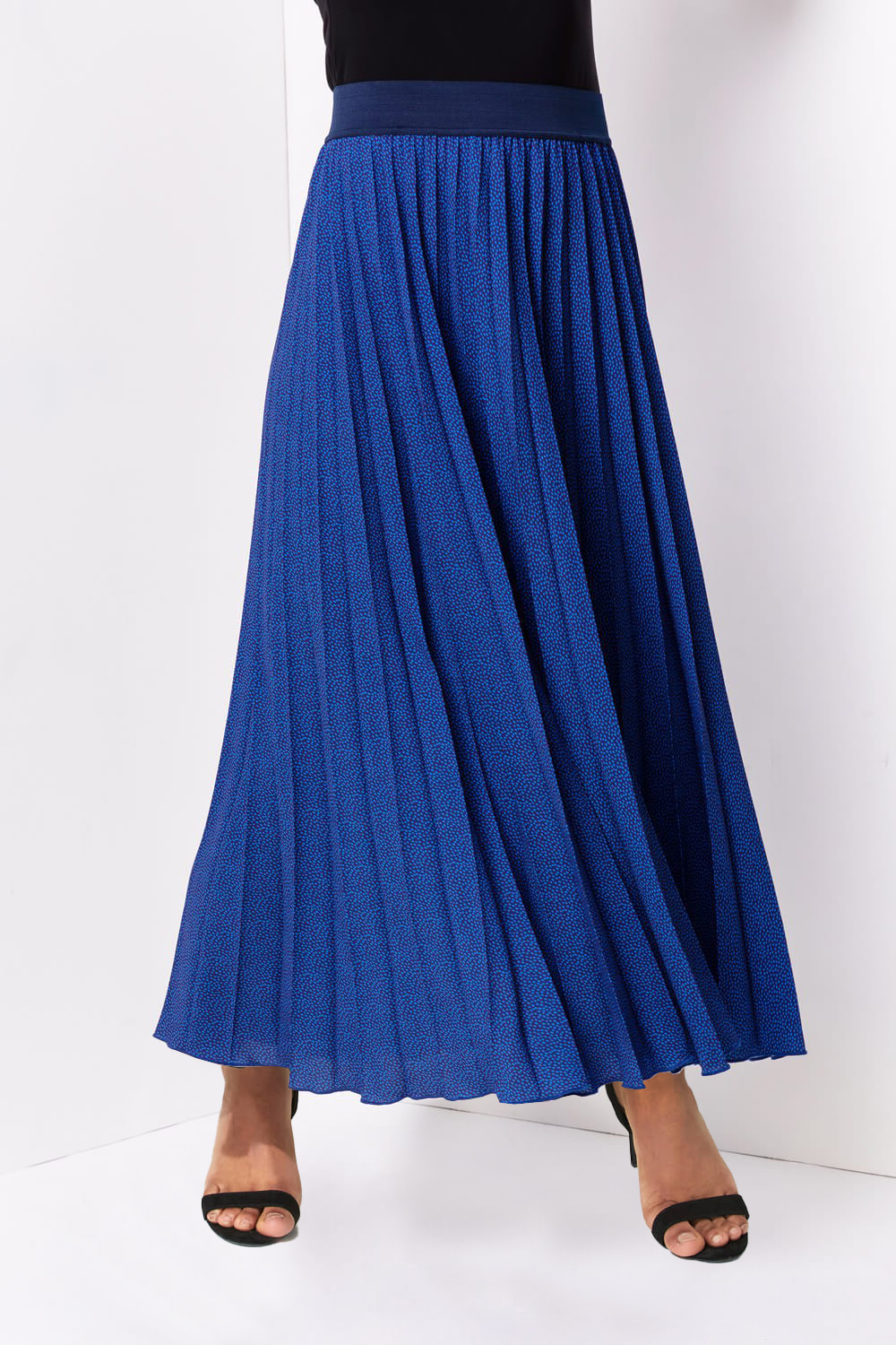 Ditsy Spot Pleated Maxi Skirt in Midnight Blue - Roman Originals UK