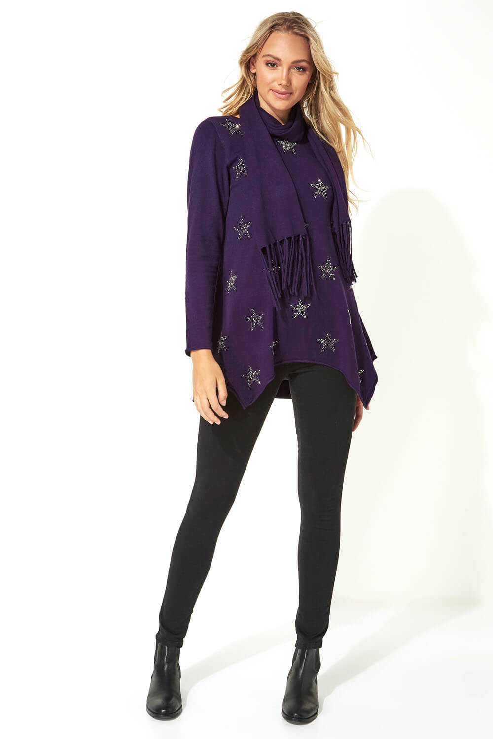 Purple Star Print Knitted Tunic with Scarf, Image 3 of 5