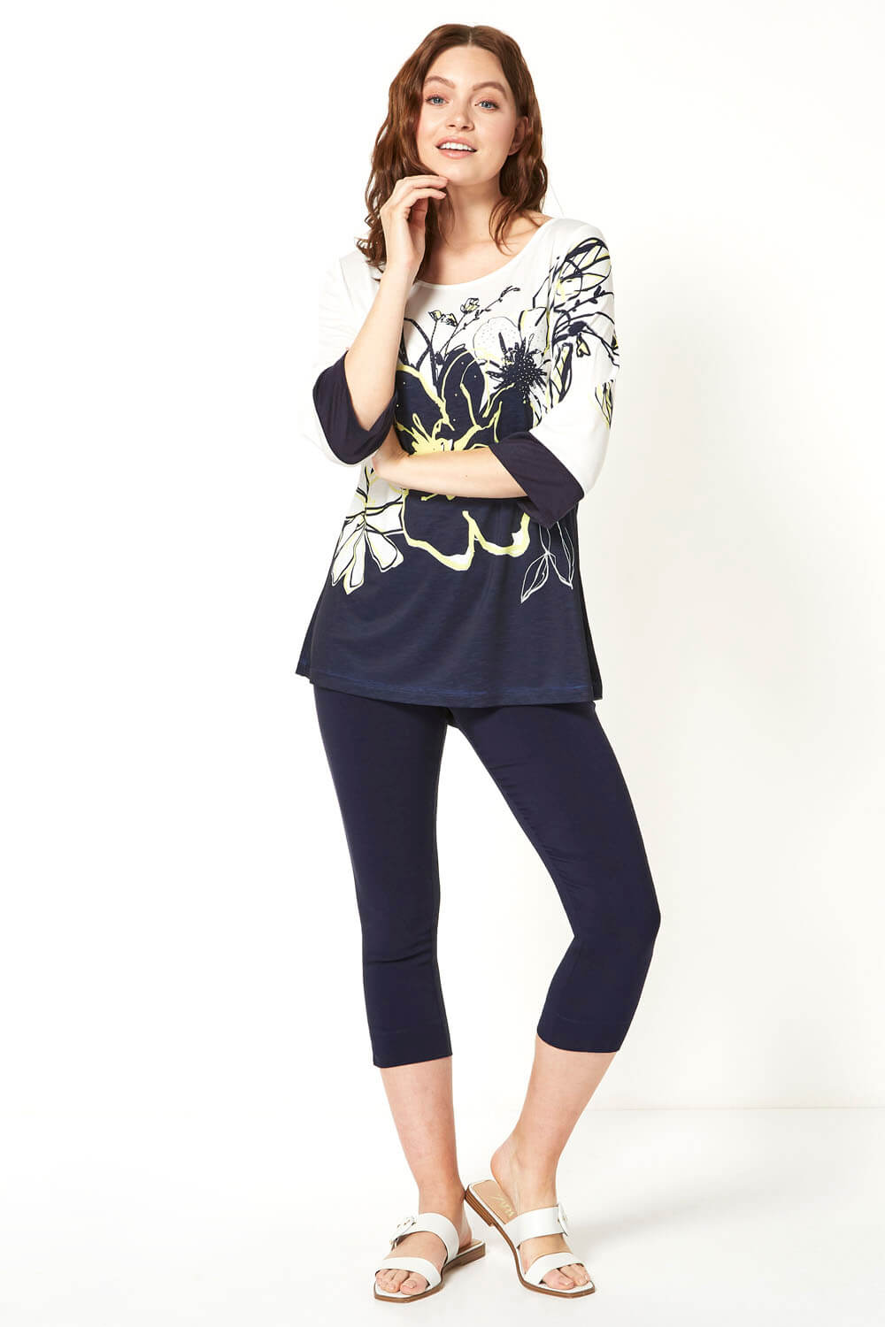 Navy  Floral Print Contrast Top, Image 2 of 5