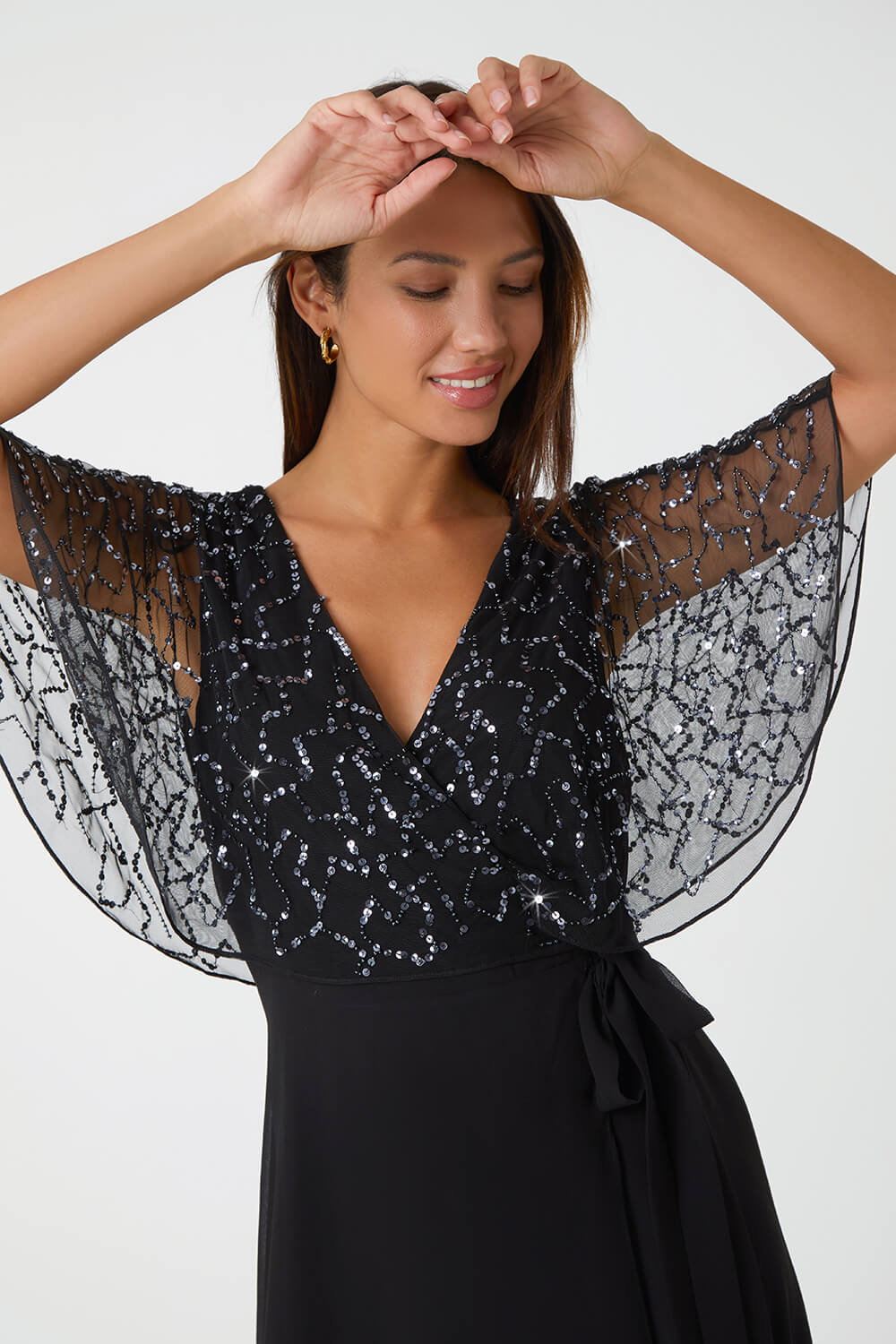 Black Sequin Embellished Chiffon Wrap Maxi Dress, Image 2 of 5