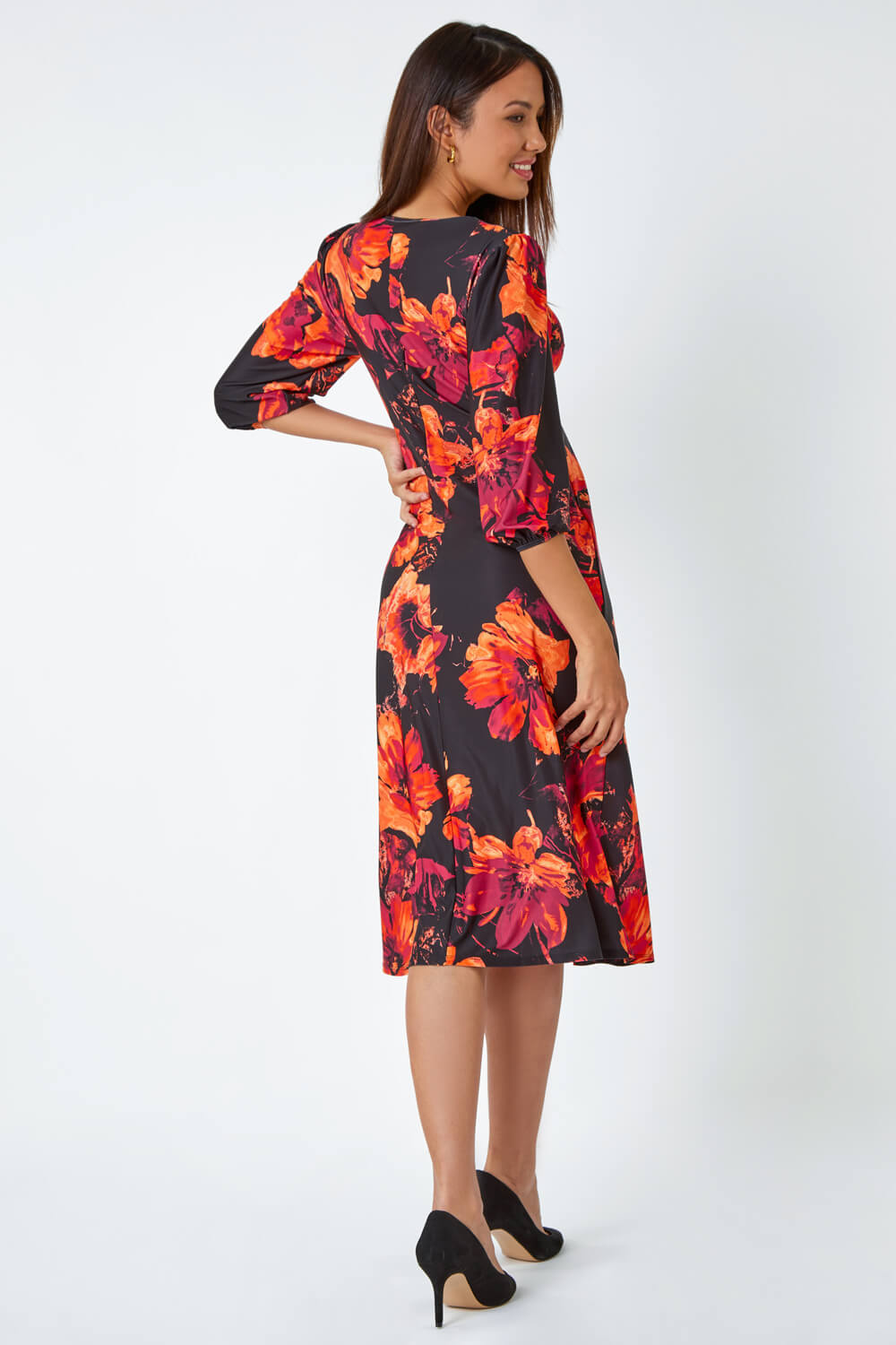 Orange Floral Ruched Midi Stretch Dress | Roman UK