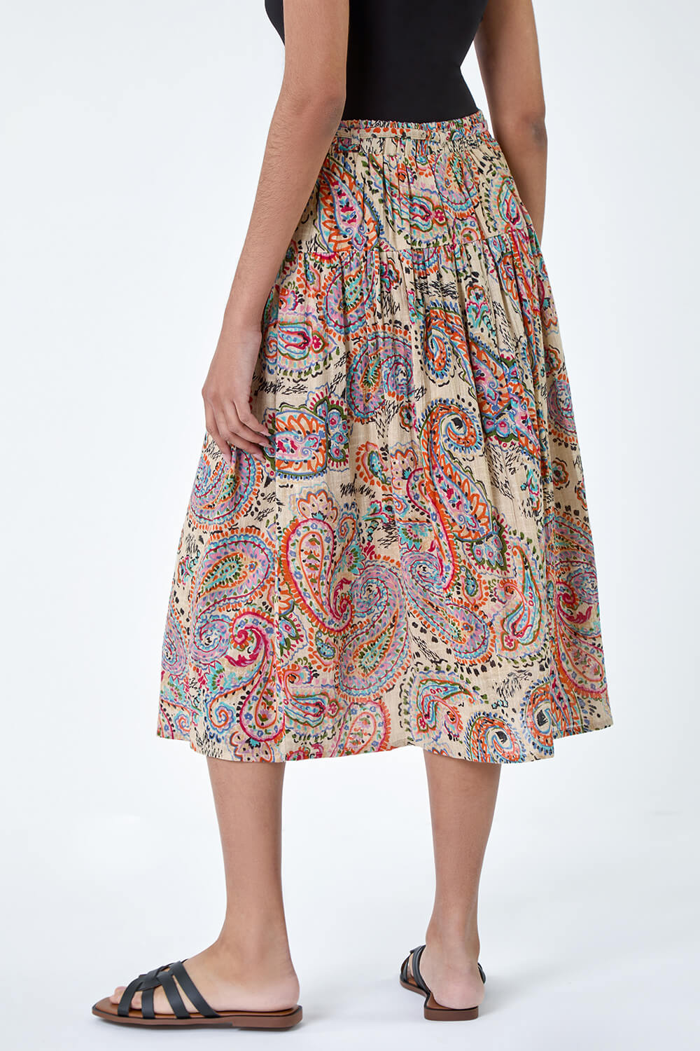 Multi  Cotton Paisley Boho A Line Midi Skirt, Image 3 of 5