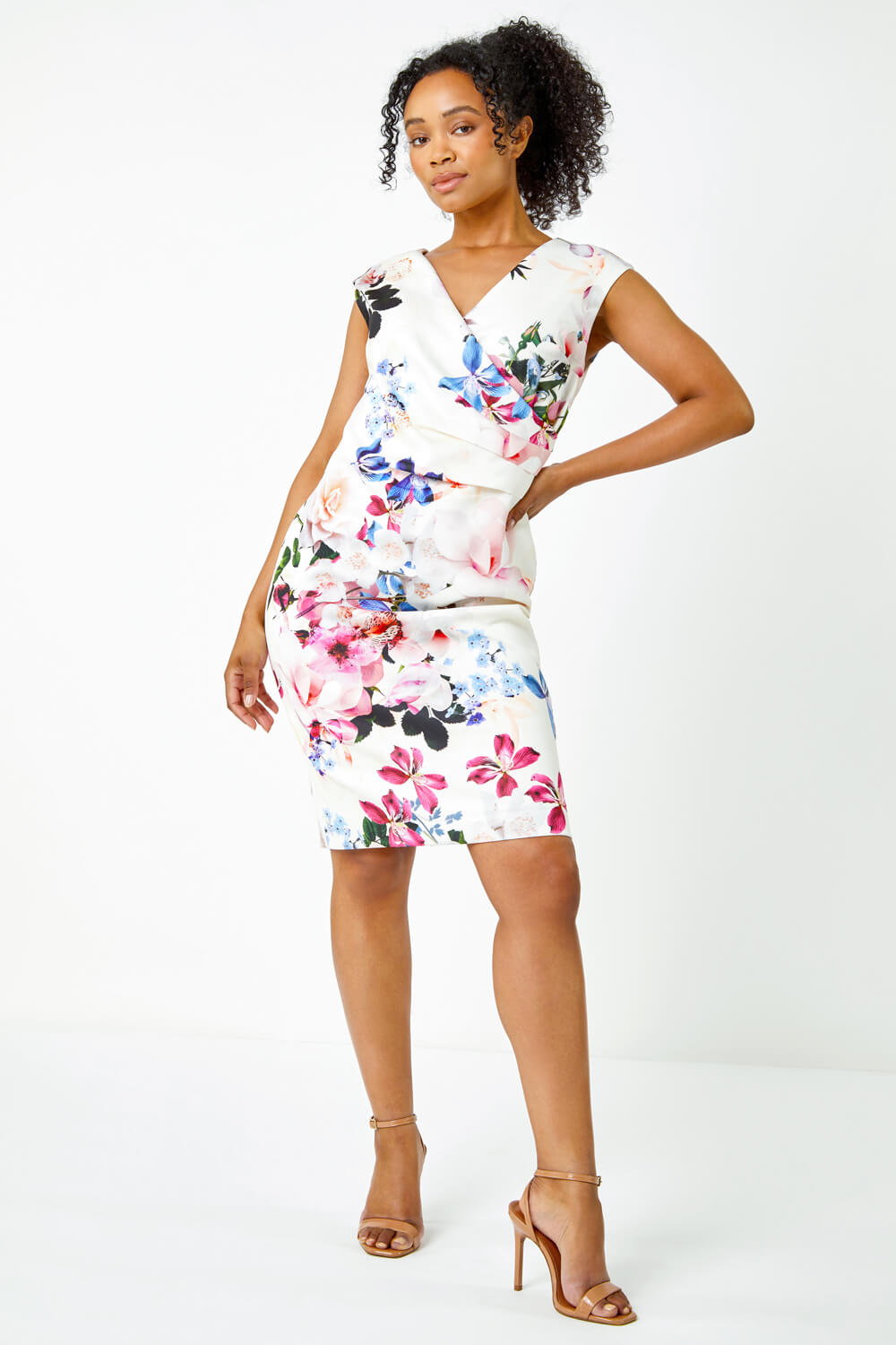 Ivory  Petite Floral Stretch Ruched Wrap Dress , Image 2 of 5