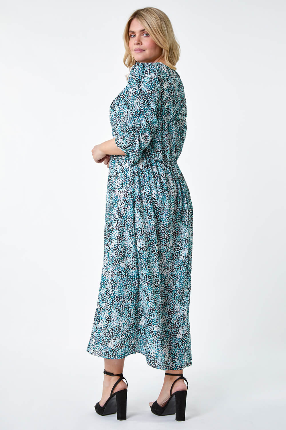 Teal Curve Abstract Spot Ruched Midi Dress, Image 3 of 5