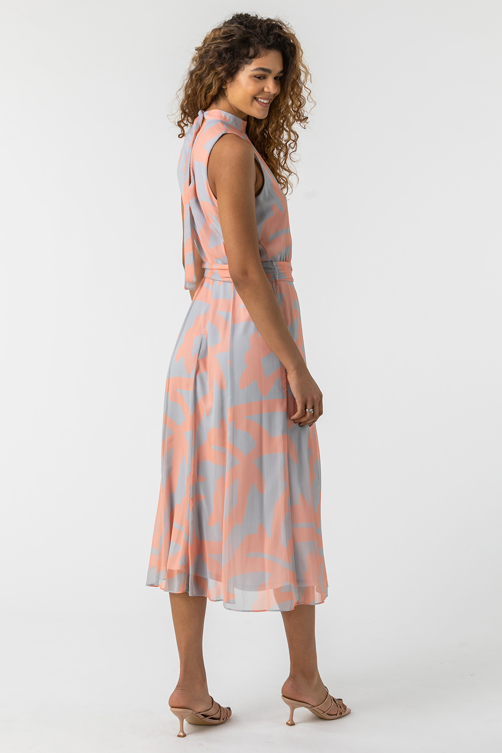 Light Pink Abstract Print High Neck Midi Dress, Image 2 of 5