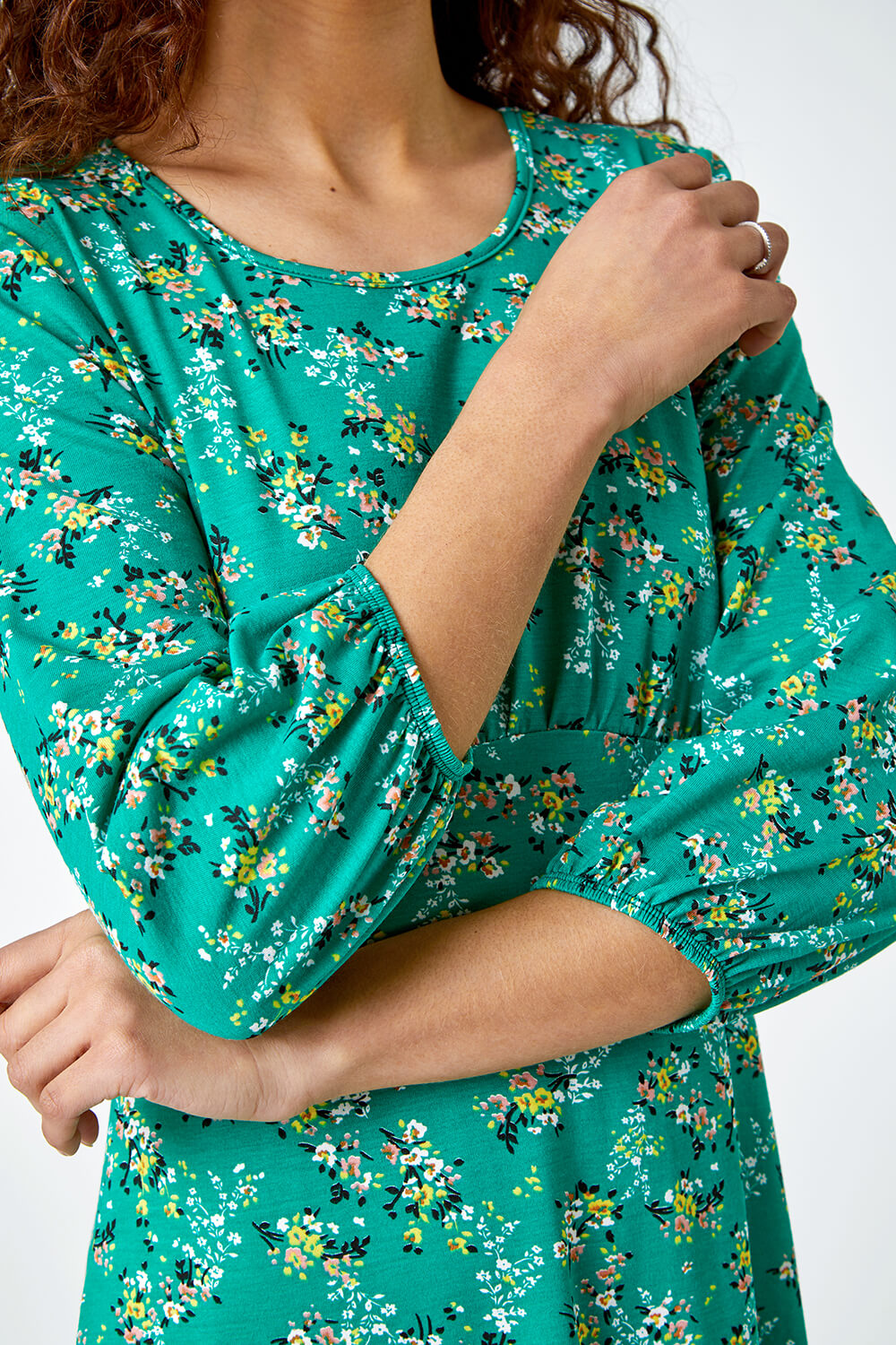 Green Ditsy Floral Print Stretch Jersey Dress, Image 5 of 5