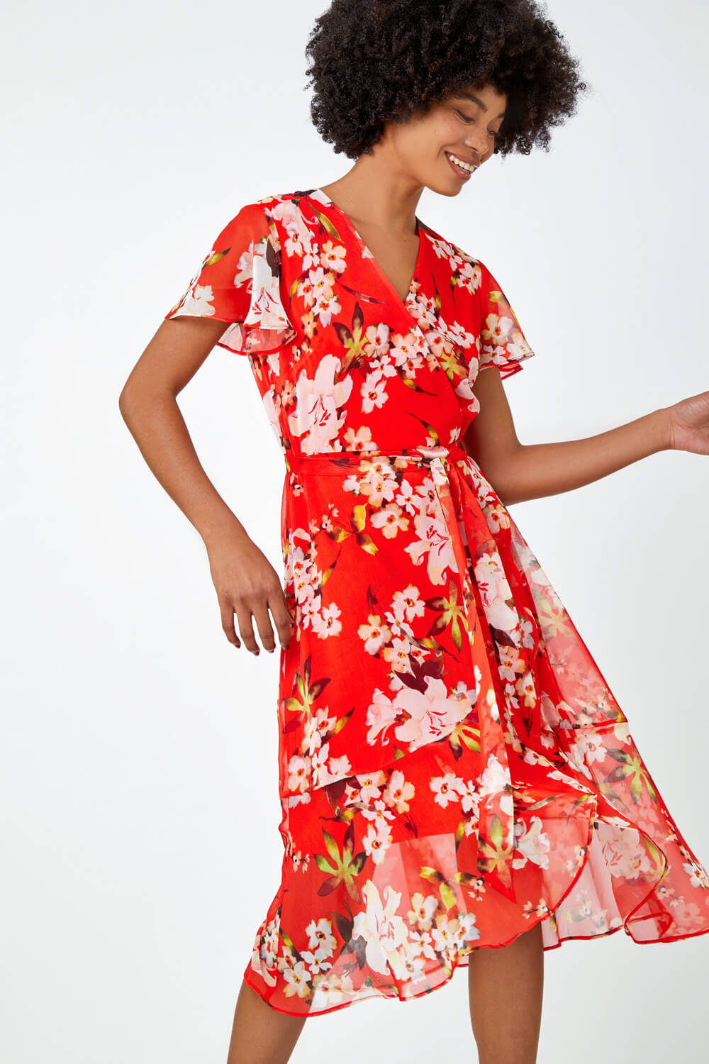 Red Floral Print Chiffon Wrap Dress , Image 3 of 6