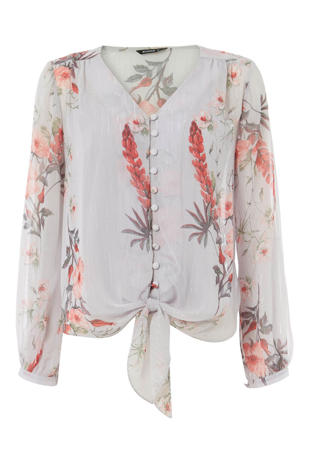 Light Grey Floral Tie Front Button Blouse , Image 5 of 5
